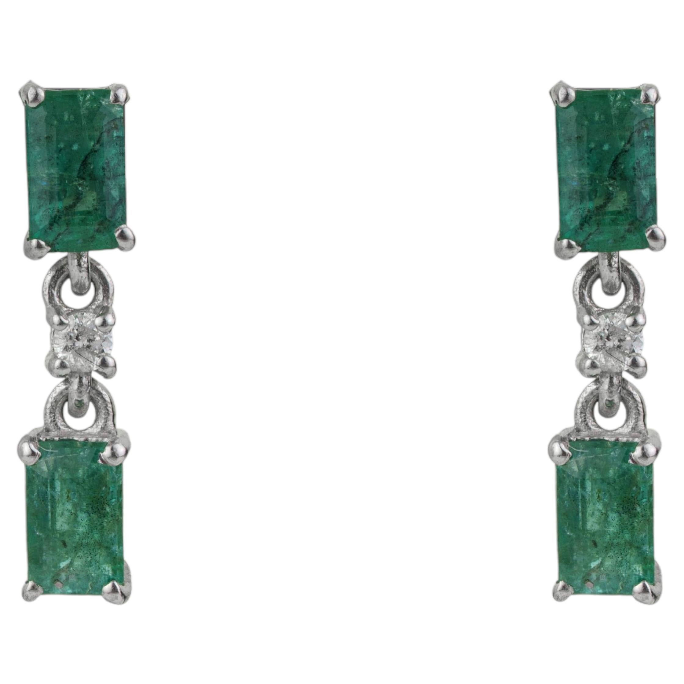 Silvorra 1.18ct Geometric Emerald & Diamond Dangle Earrings in Sterling Silver For Sale