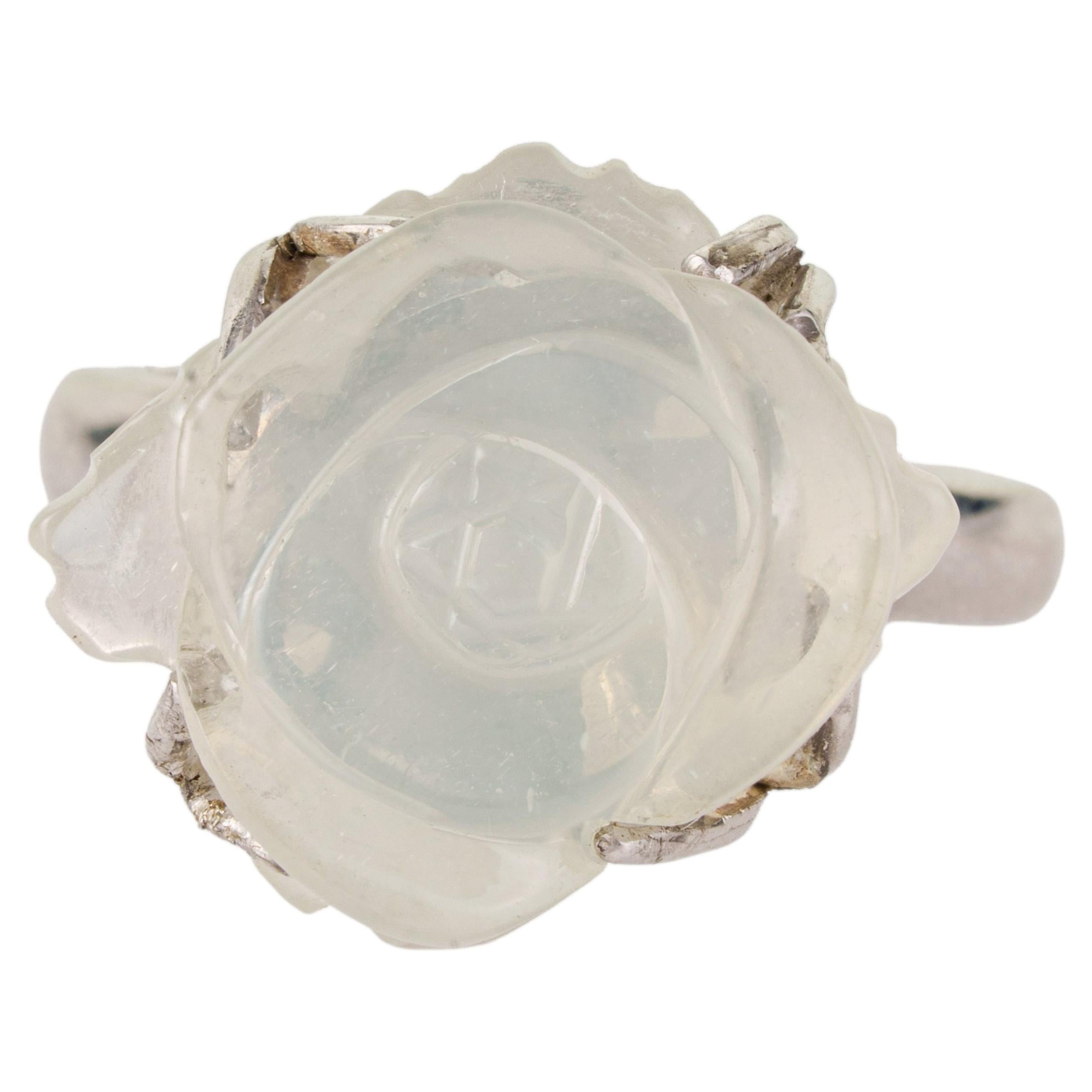 Silvorra 13.09 CTW Carved Moonstone Rose Flower Cocktail Ring in Sterling Silver