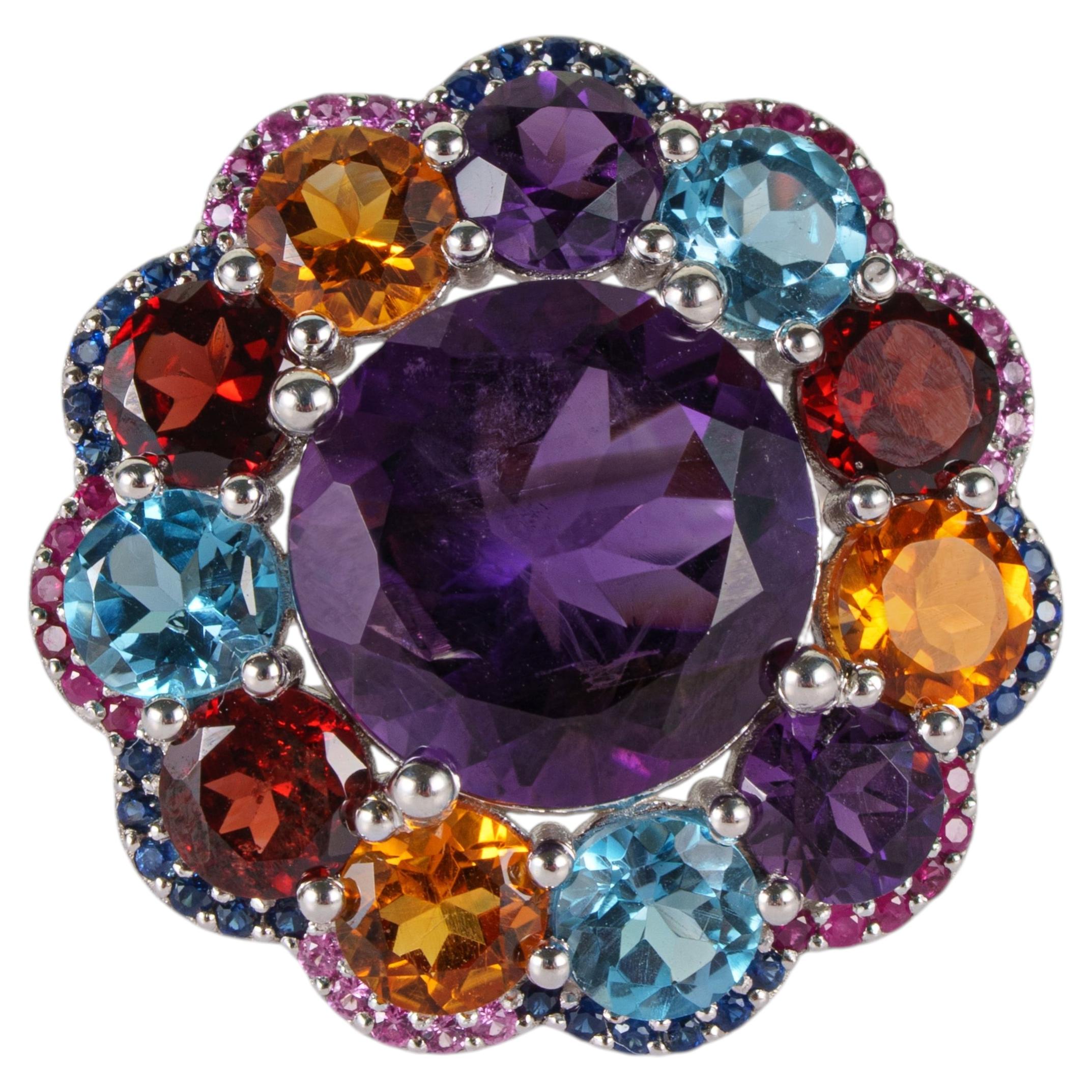 Silvorra Cocktailring aus massivem Silber mit einem 13,21 Karat schweren Amethyst und einem Cluster aus verschiedenen Edelsteinen