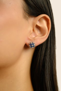 A Silver Boucles d'oreilles fleuries en argent 925 avec saphir bleu naturel de 1,38 carats