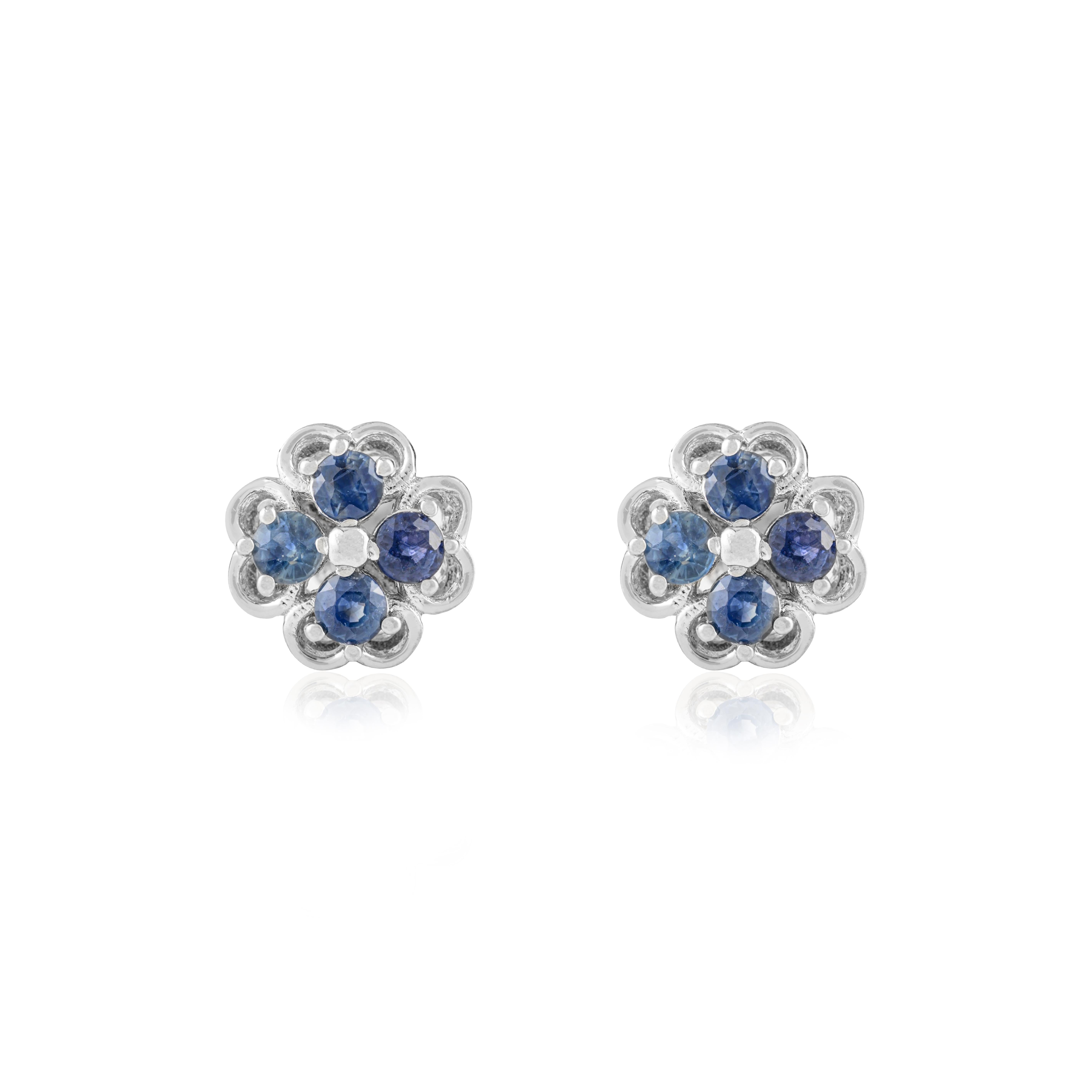 Silvorra 1.38 Carats Natural Blue Sapphire Floral Stud Earrings in 925 Silver en venta 1