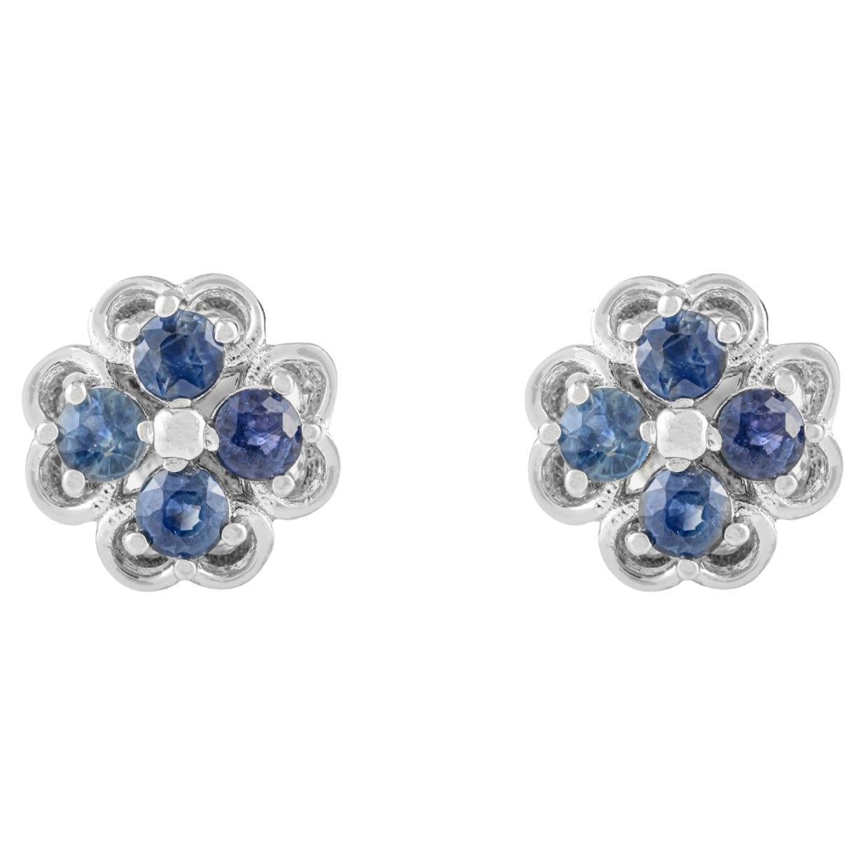 Silvorra 1.38 Carats Natural Blue Sapphire Floral Stud Earrings in 925 Silver