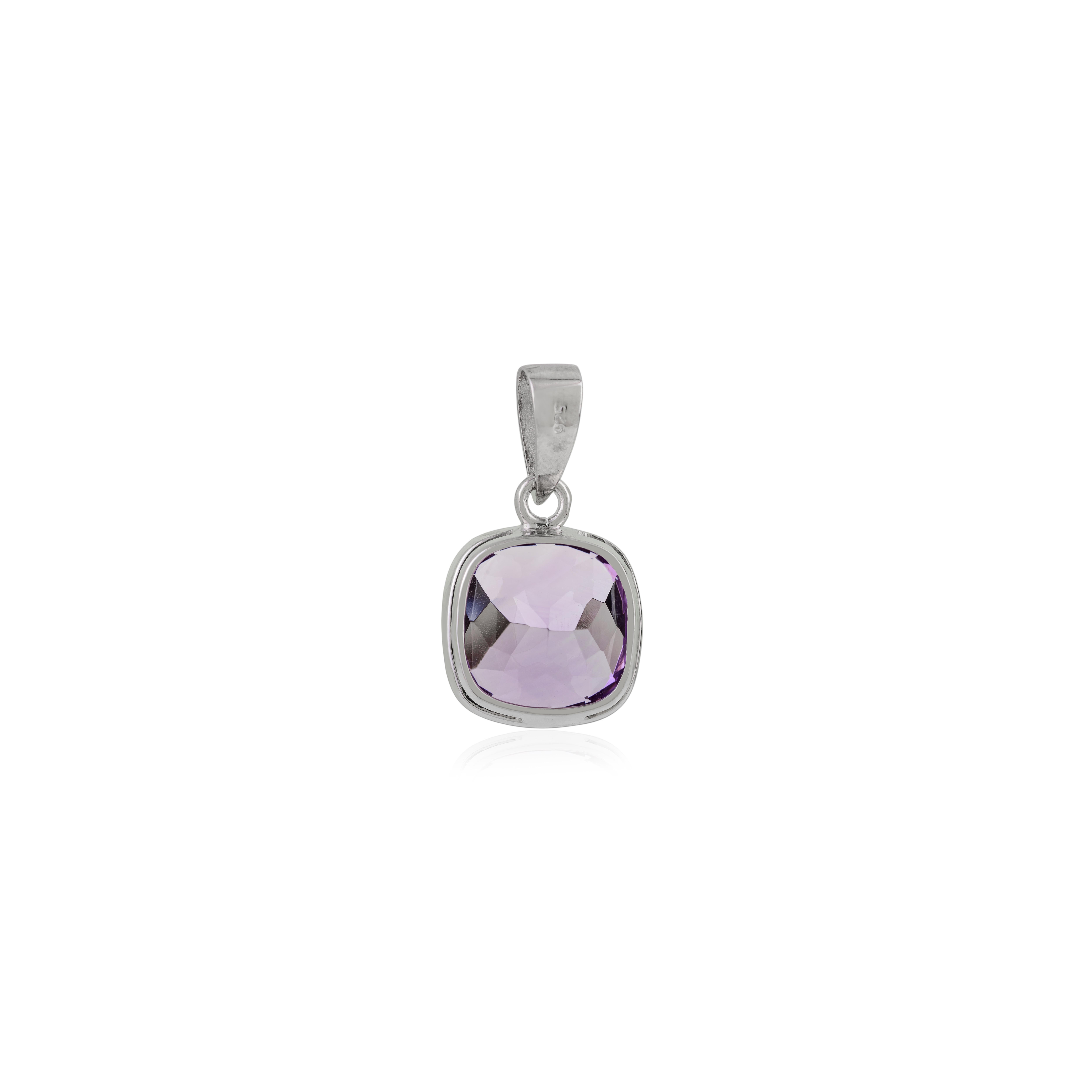 Silvorra 14.37Ct Cushion Cut Natural Amethyst Solitaire Pendant 925 Solid Silver For Sale 2