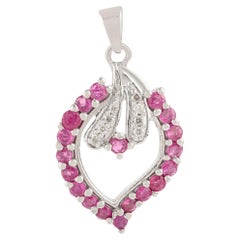 Silvorra 1.45 Ct Natural Ruby & Diamond Floral Leaf Pendant in 925 Silver