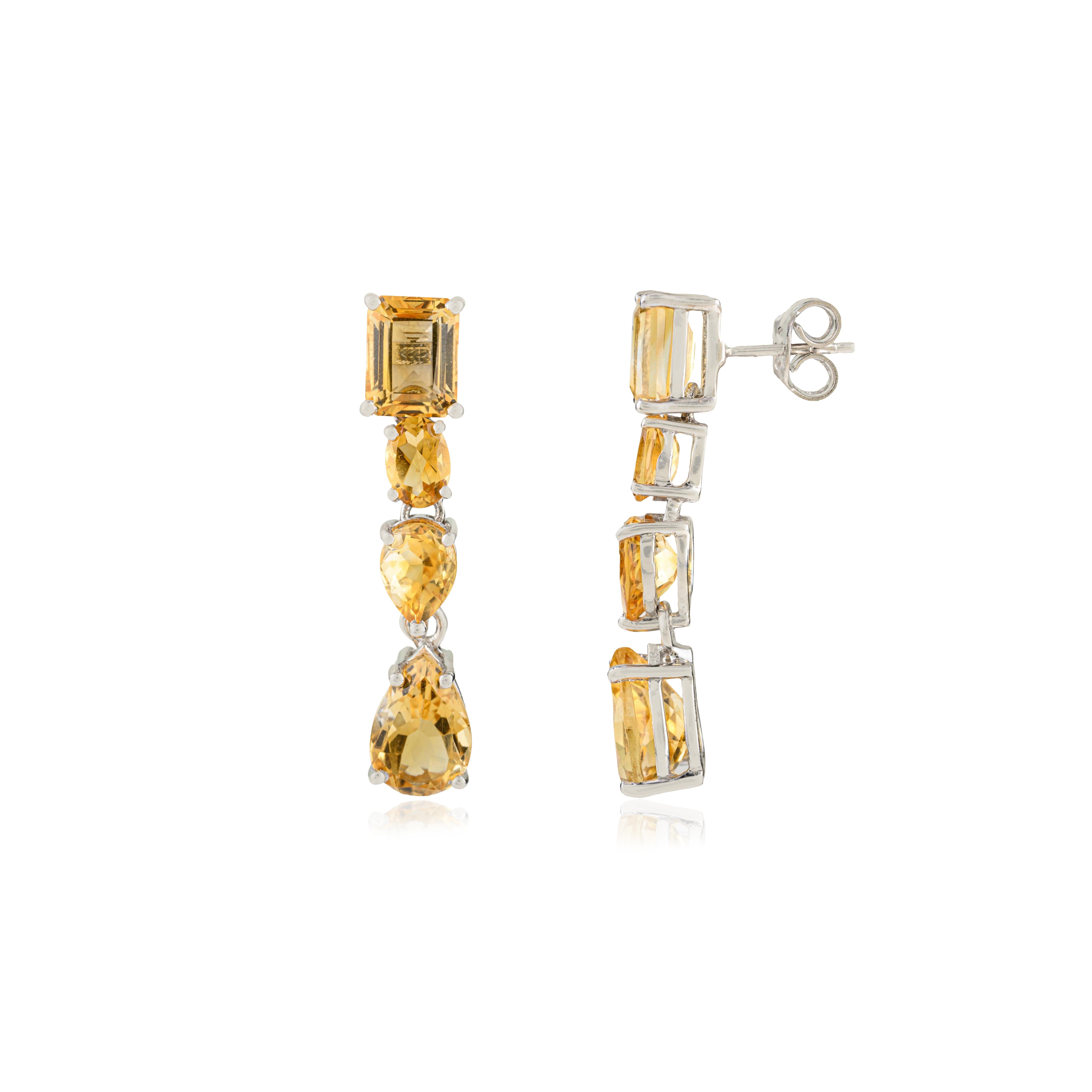 Contemporary Silvorra 14.55 Ct Natural Citrine Mix Shape Linear Drop Earrings in 925 Silver For Sale