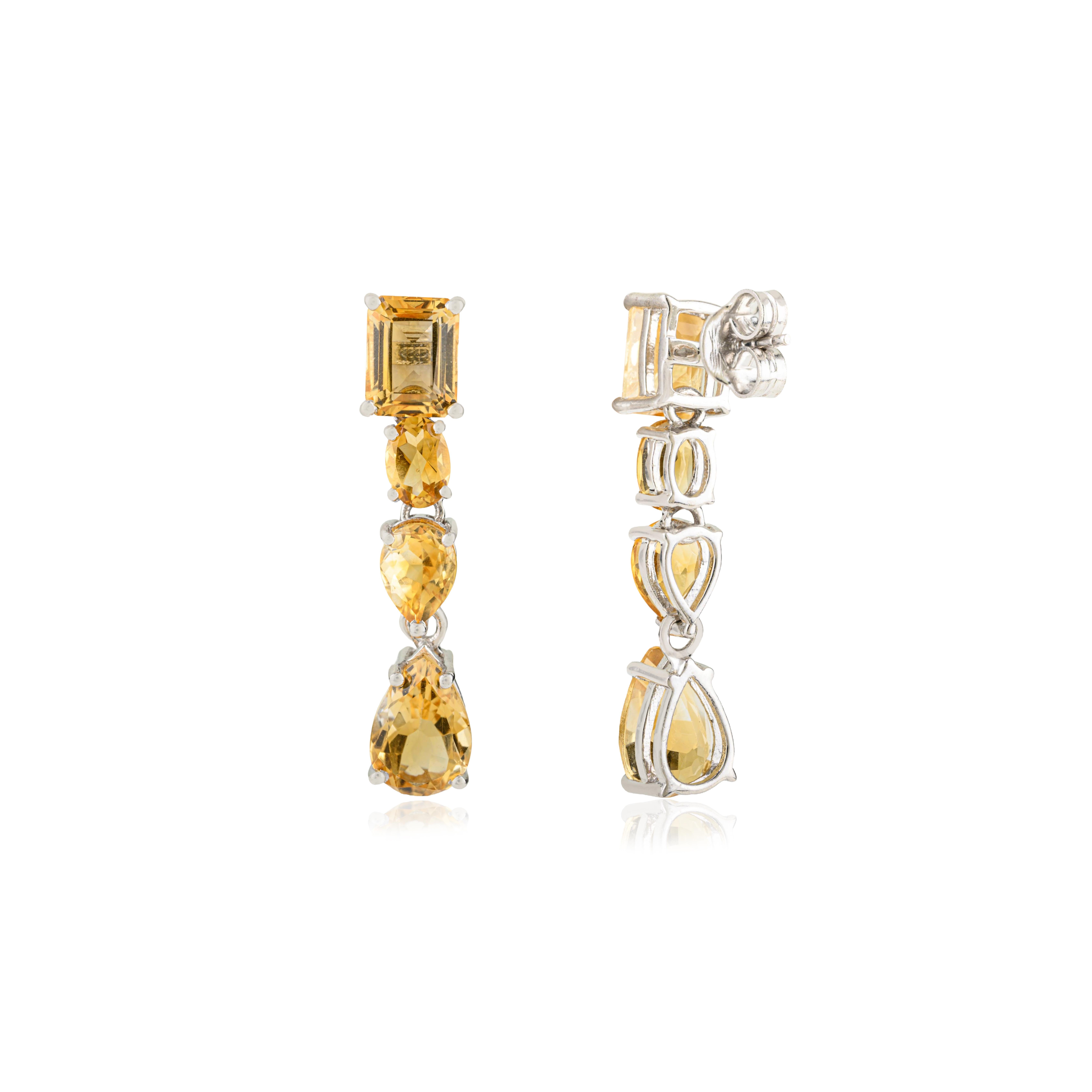 Mixed Cut Silvorra 14.55 Ct Natural Citrine Mix Shape Linear Drop Earrings in 925 Silver For Sale