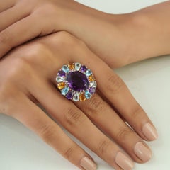 Silvorra 15.5ct Aquamarine, Amethyst, Citrine, Blue Topaz Silver Cocktail Ring