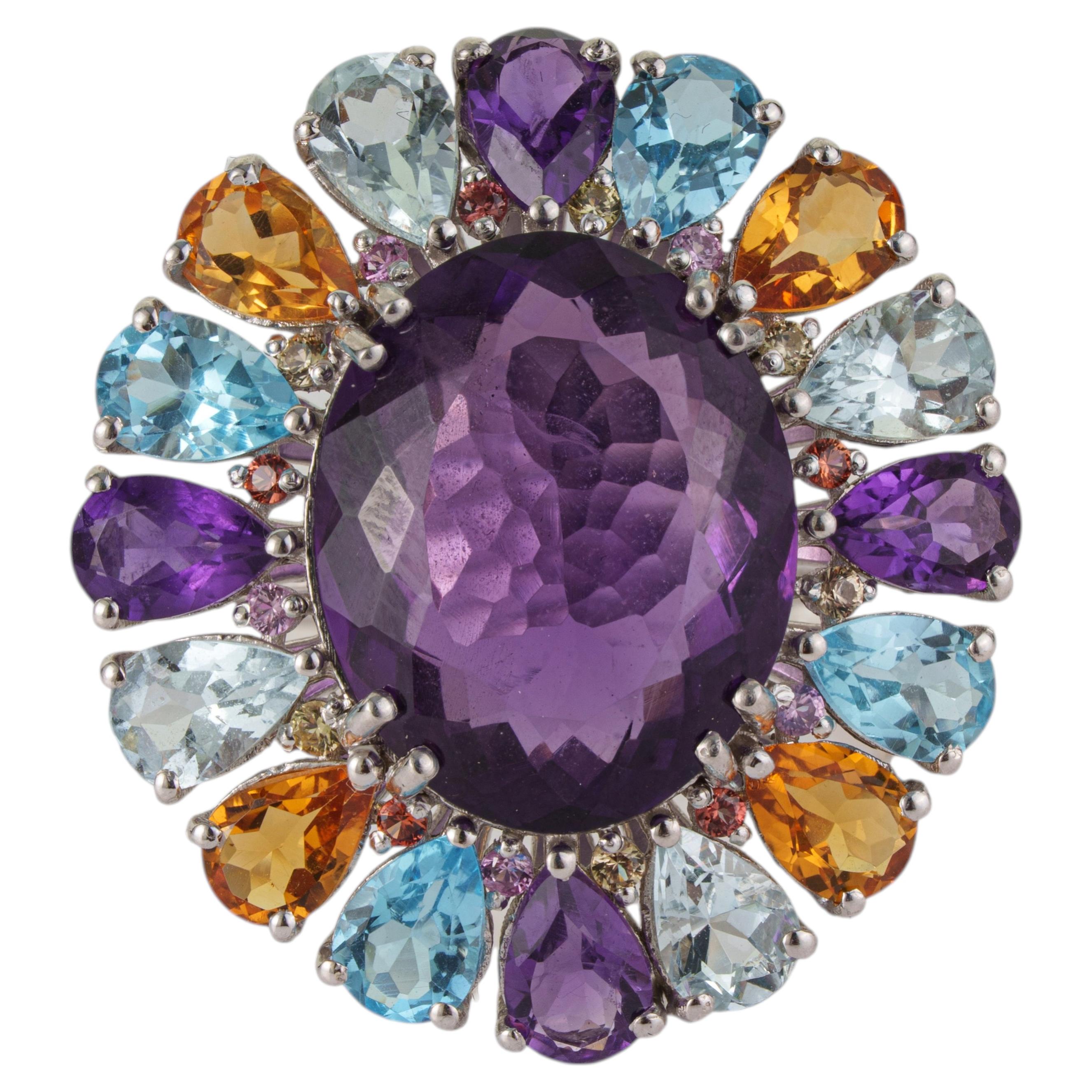 Silvorra 15.5ct Aquamarine, Amethyst, Citrine, Blue Topaz Silver Cocktail Ring