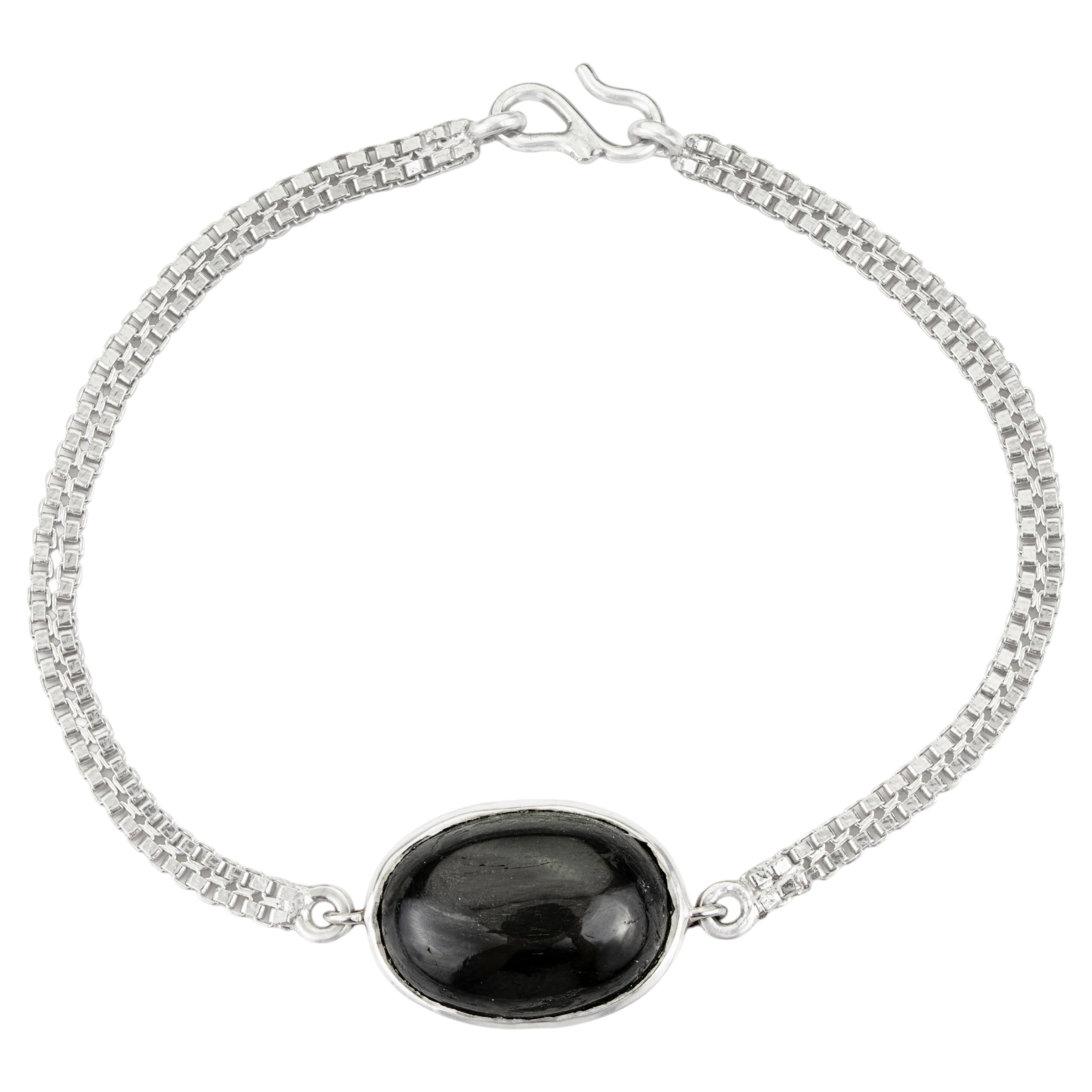 Silvorra 16.1CT Oval Cut Cabochon Black Star Chain Bracelet in 925 Silver For Sale