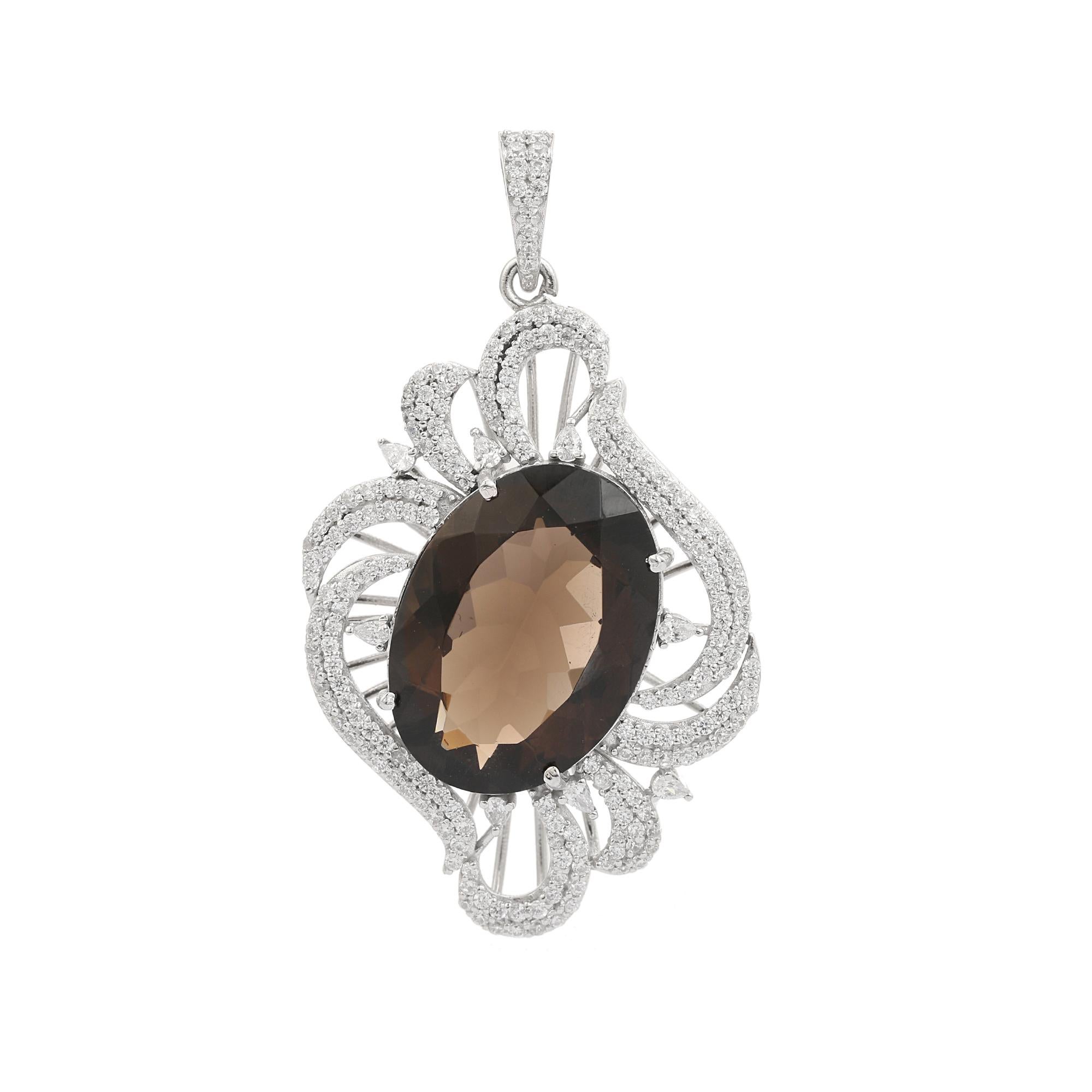 Ciondolo a forma di aureola con topazio fumé e zircone bianco da 16,5 carati in argento 925 di Silvorra in vendita 3