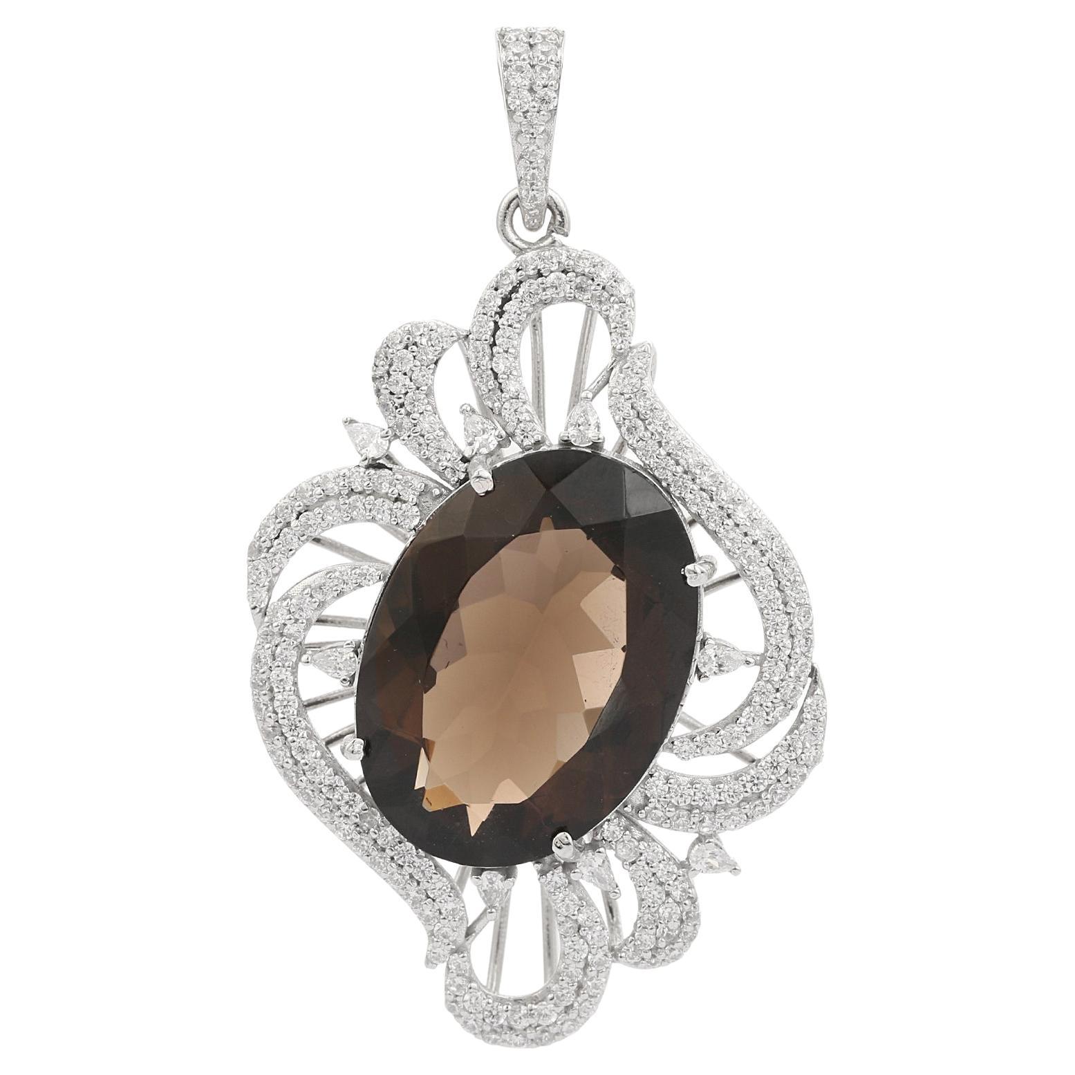 Ciondolo a forma di aureola con topazio fumé e zircone bianco da 16,5 carati in argento 925 di Silvorra in vendita