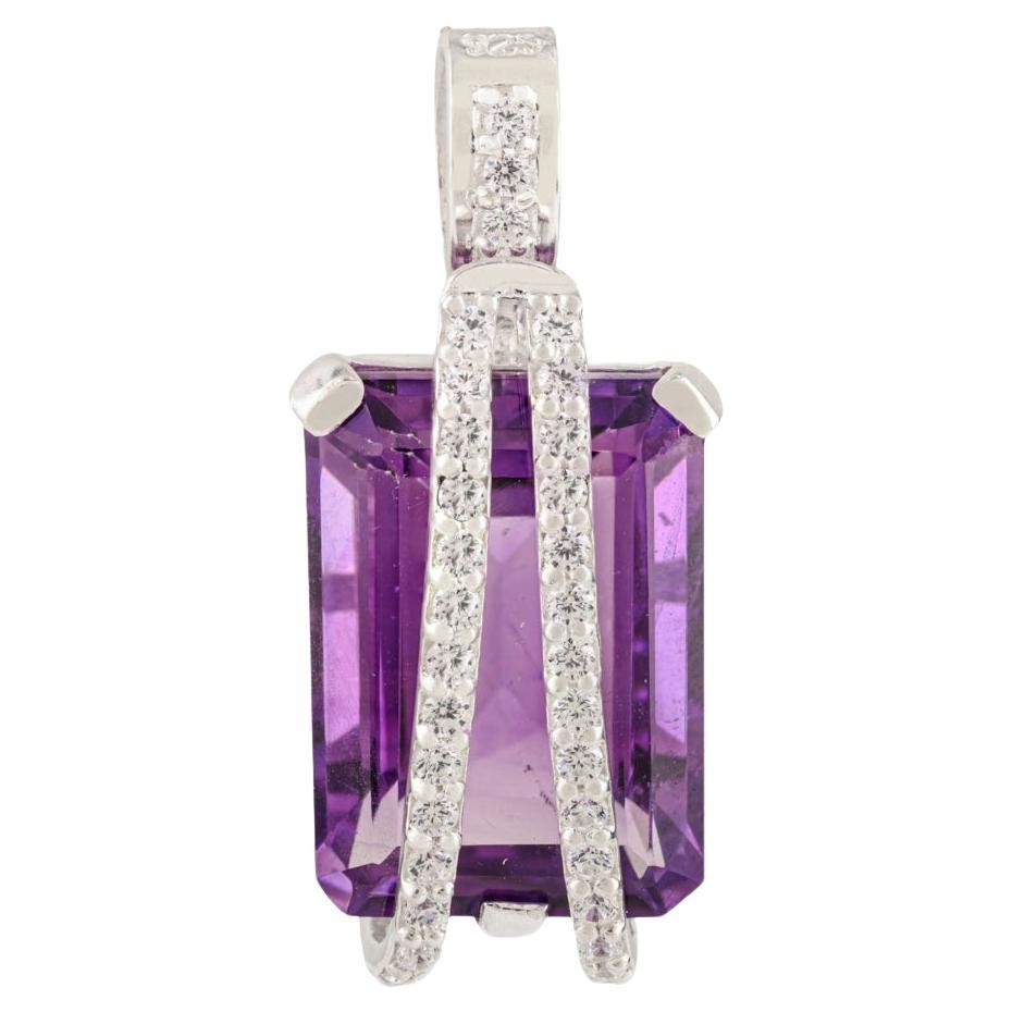A Silver 16.8 Ct Octagon Amethyst & White Zircon 925 Silver Statement Pendentif