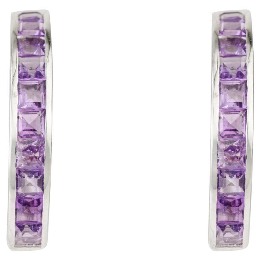 Silvorra 1.74 Sterling Silver Square Purple Amethyst Hoop Earrings for Women