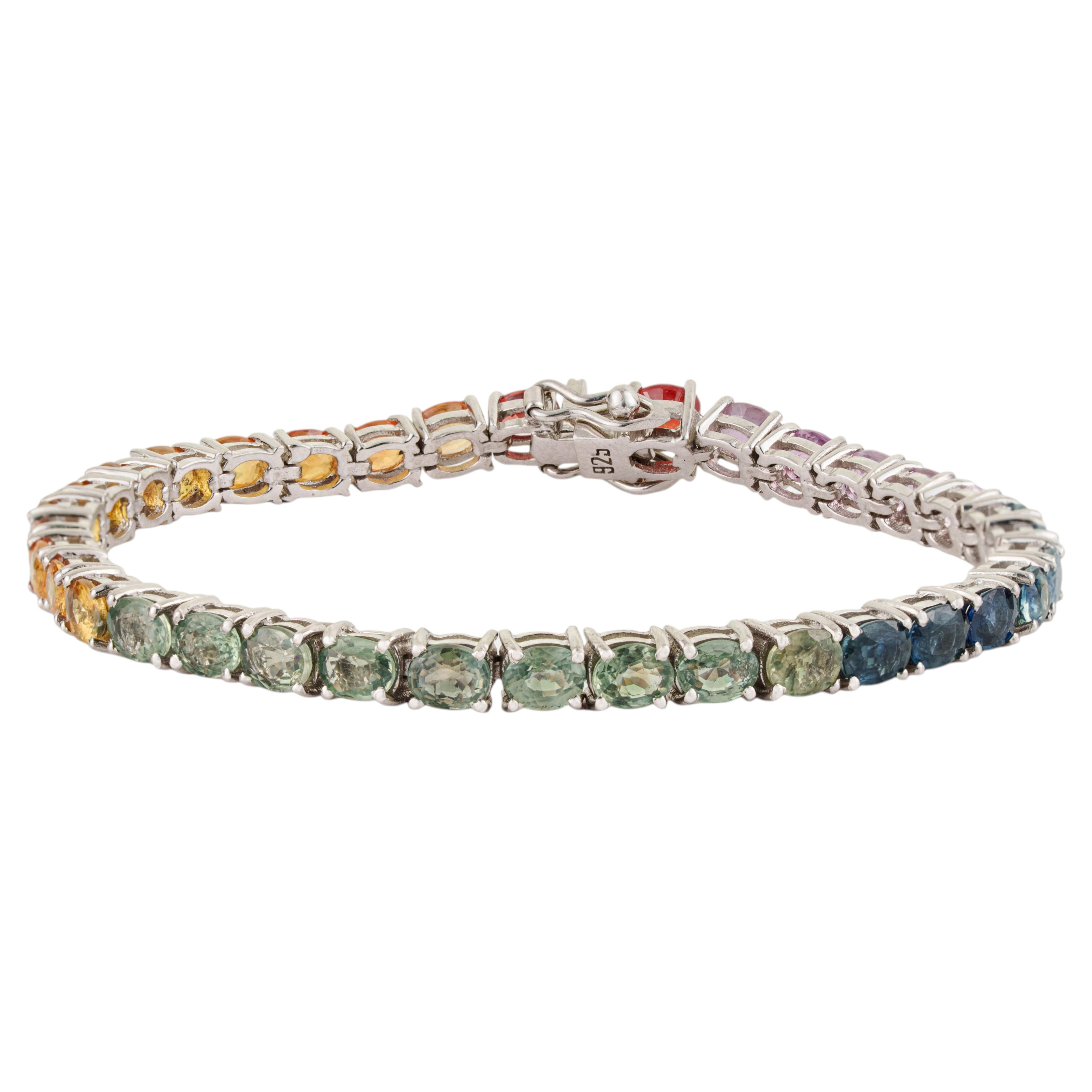 Silvorra 17.5CT Regenbogen Multi Saphir Tennis Armband in 925 Sterling Silber