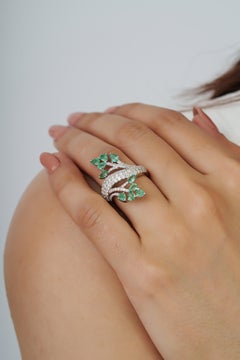 Silvorra 1.7ct Emerald & Diamond Vine Ring 925 Silver Multi Stone Statement Band