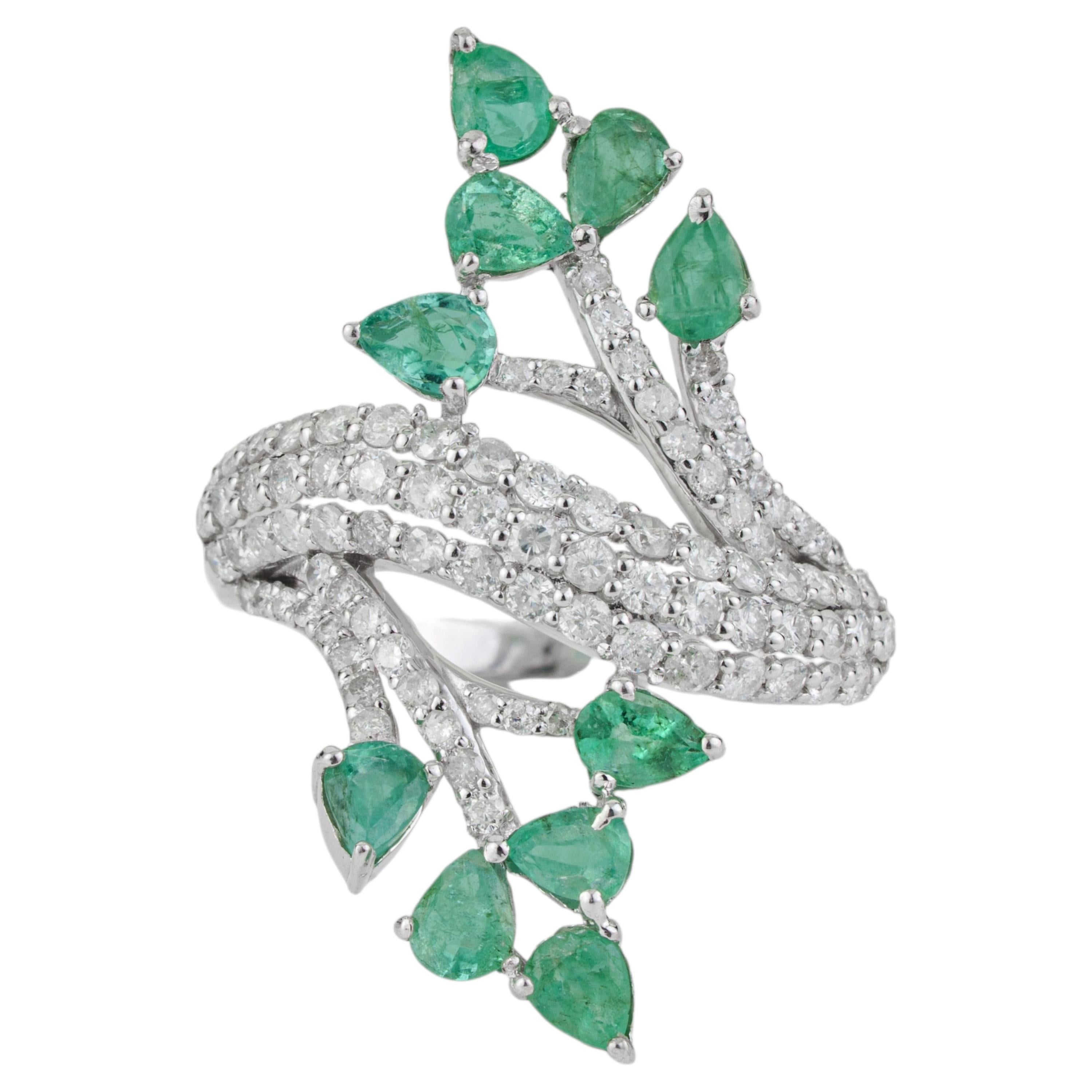 Silvorra 1.7ct Emerald & Diamond Vine Ring 925 Silver Multi Stone Statement Band