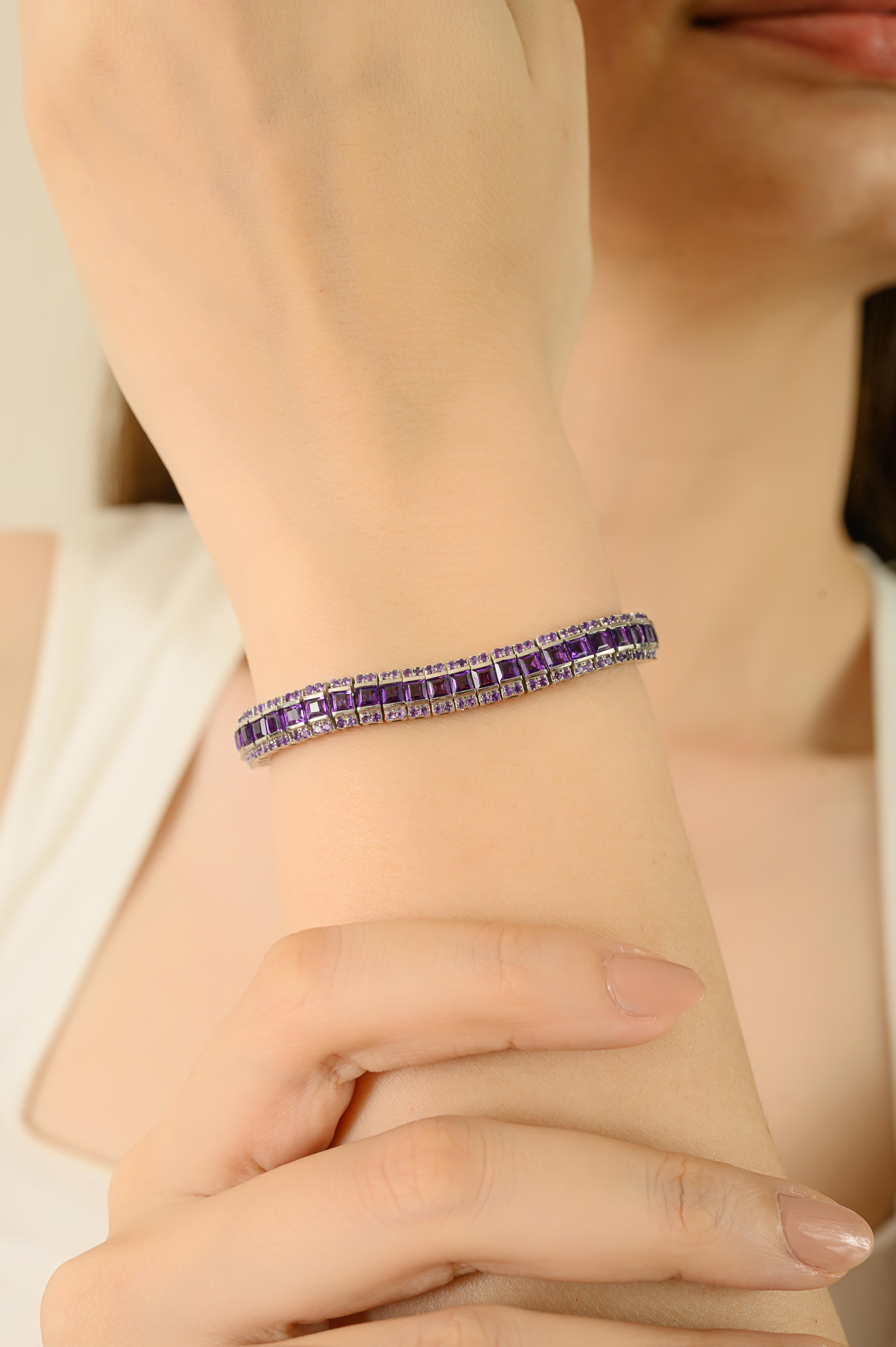 Square Cut Silvorra 19.65 Ct Amethyst February Birthstone Tennis Bracelet in 925 Silver For Sale