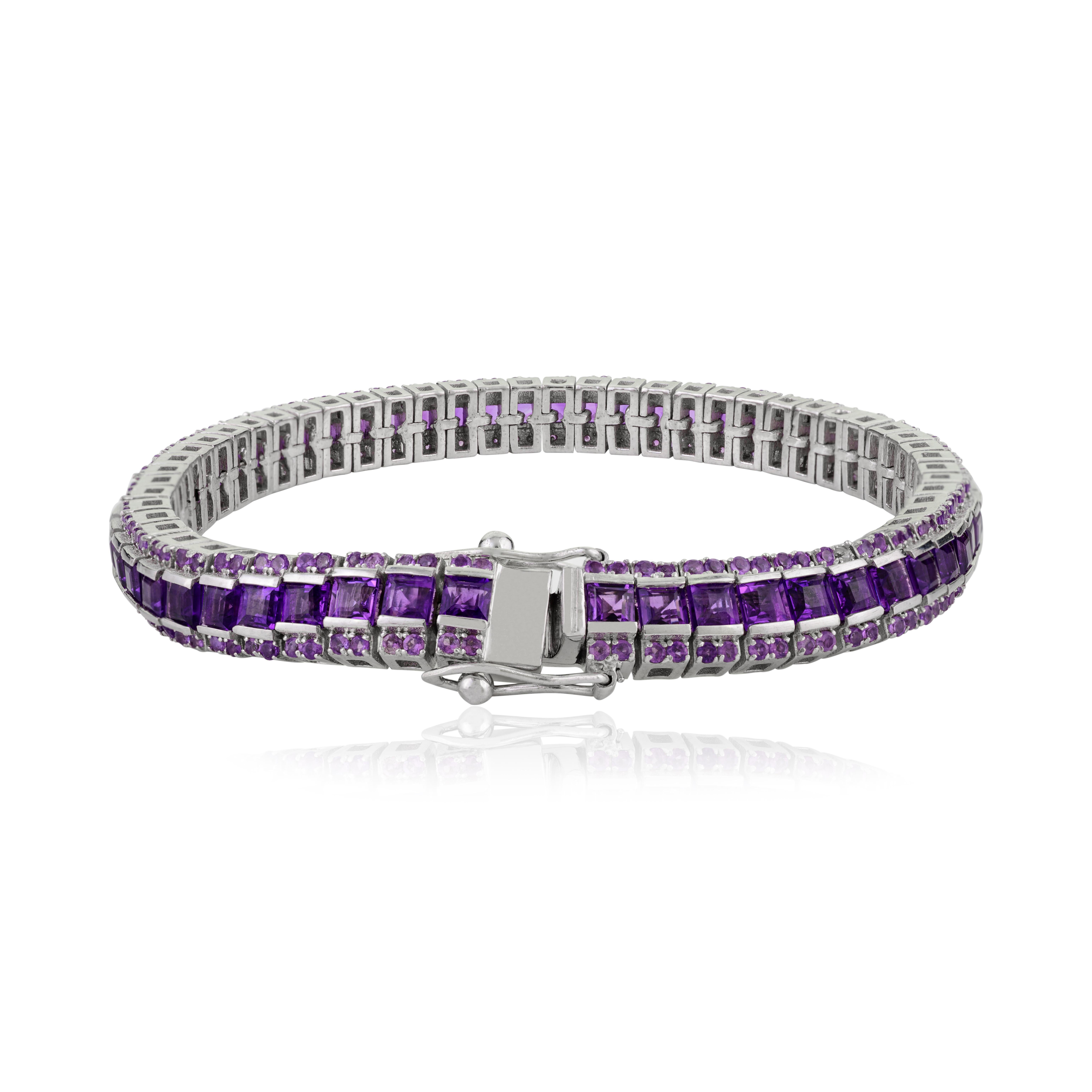 Silvorra 19.65 Ct Amethyst February Birthstone Tennis Bracelet in 925 Silver In New Condition For Sale In New York, NY