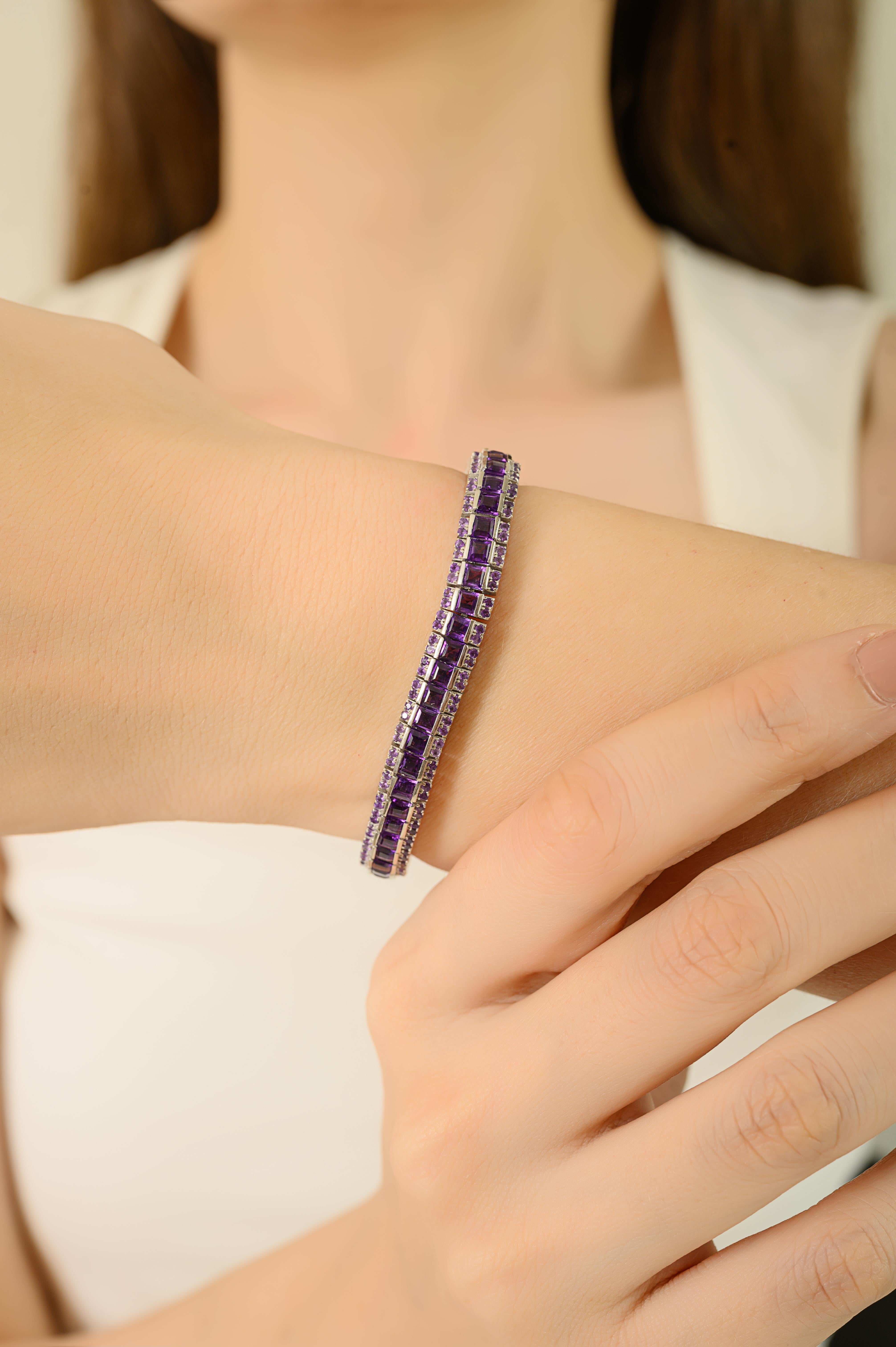 Silvorra 19.65 Ct Amethyst February Birthstone Tennis Bracelet in 925 Silver For Sale 2