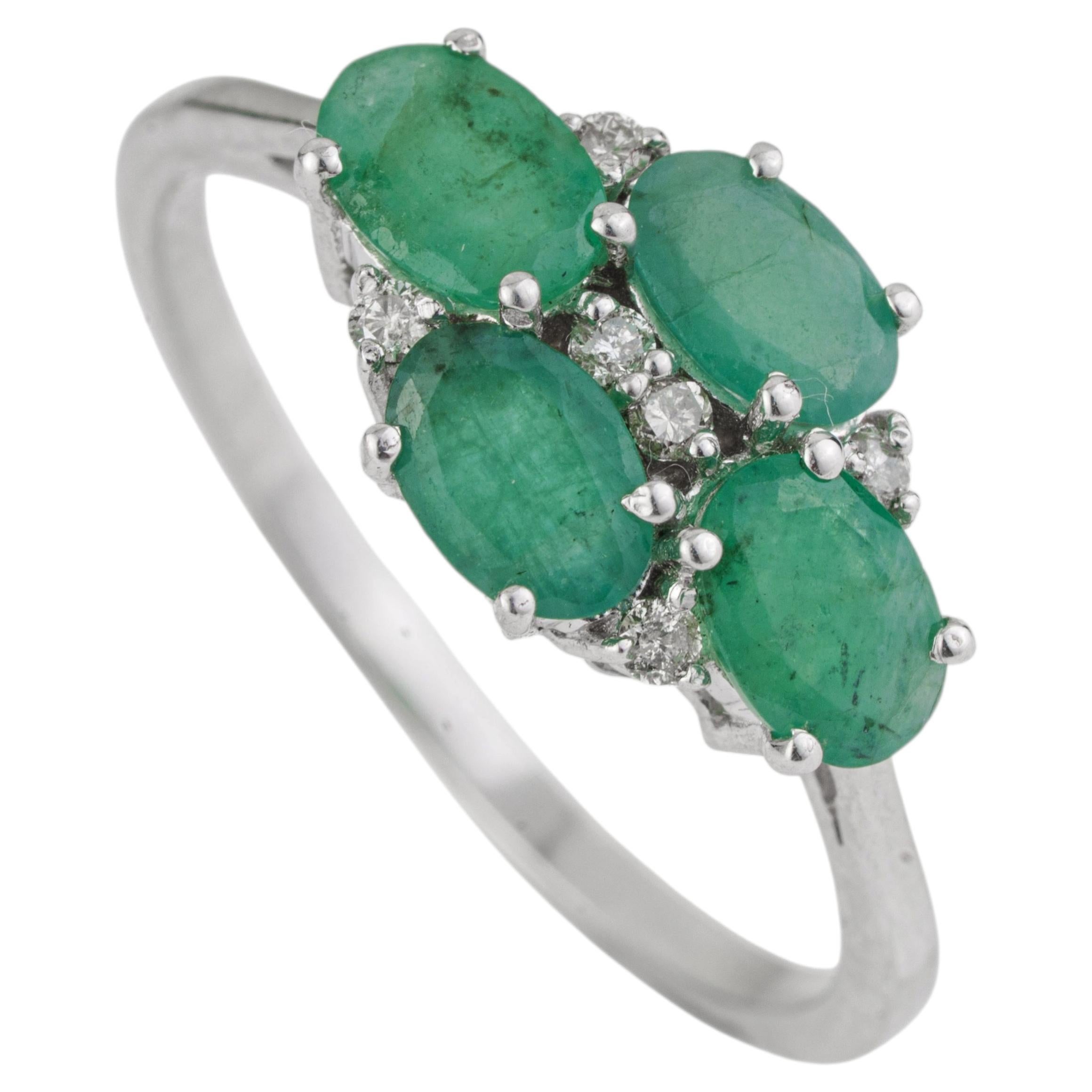 Silvorra 1.9ct Four Stone Emerald & Diamond Cross Cluster Ring in 925 Silver