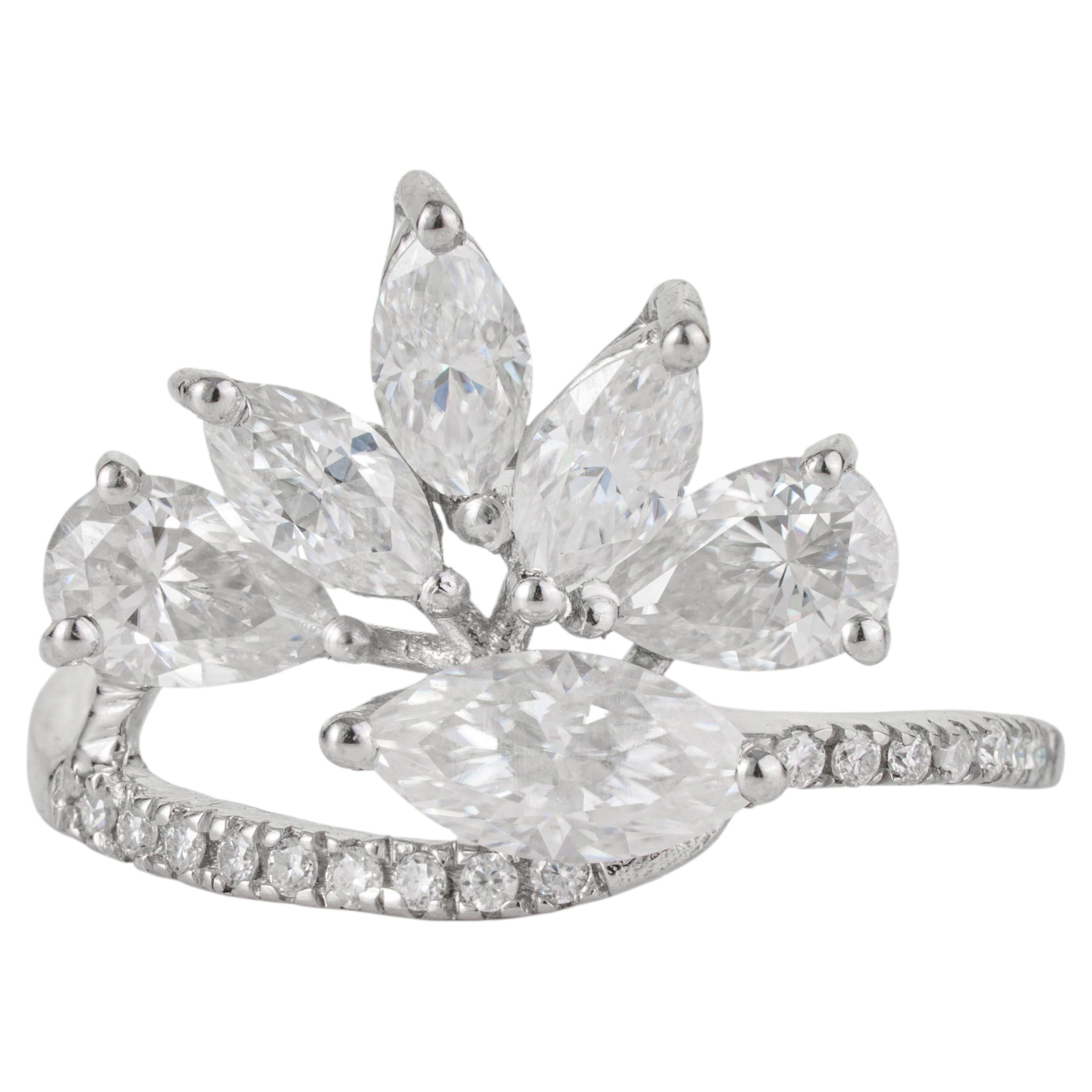 Silvorra 2.05 CTW Marquise & Pear Cut Moissanite 925 Silver Petal Cluster Ring