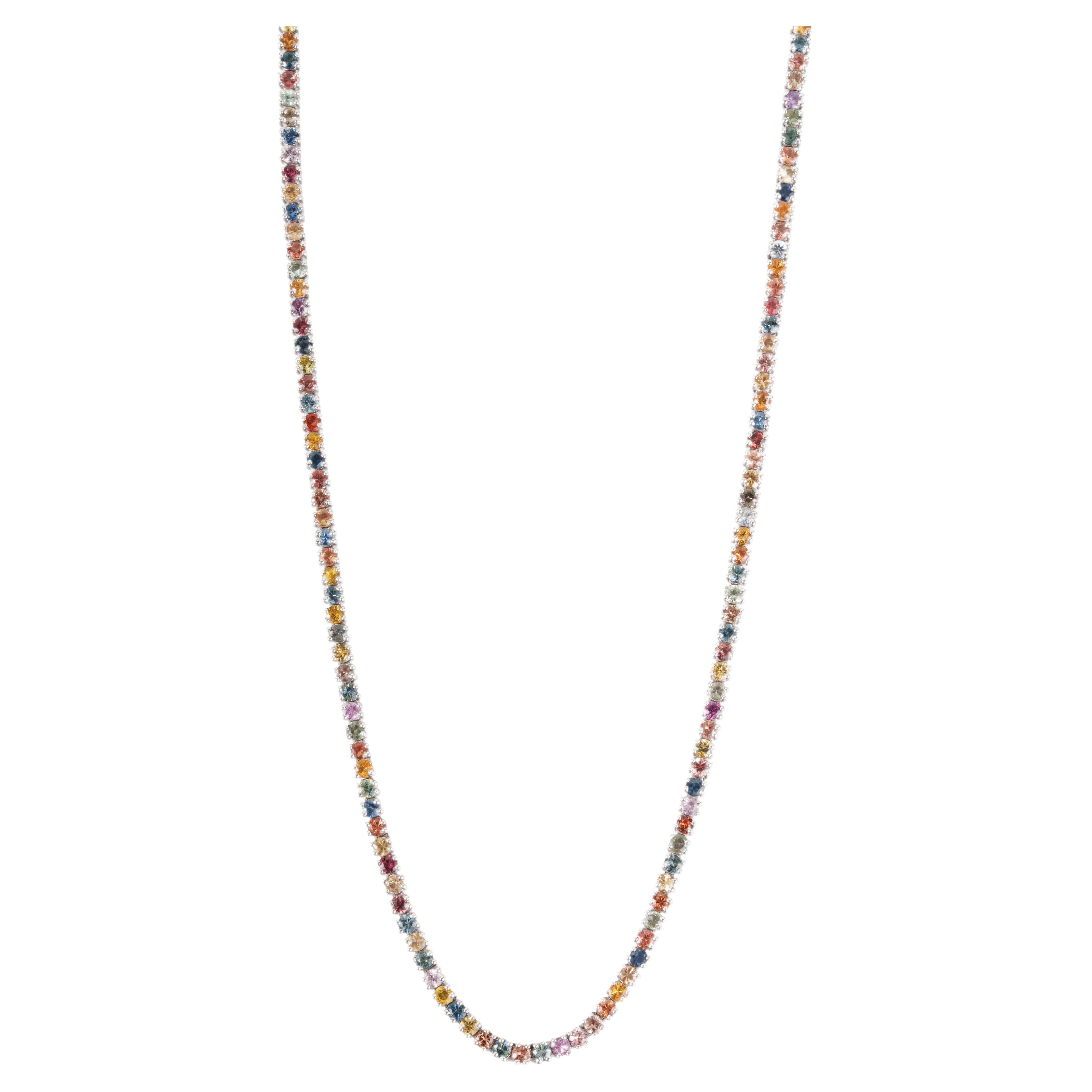Silvorra 20.8 CT Sleek Rainbow Multi Sapphire Tennis Necklace in Sterling Silver For Sale