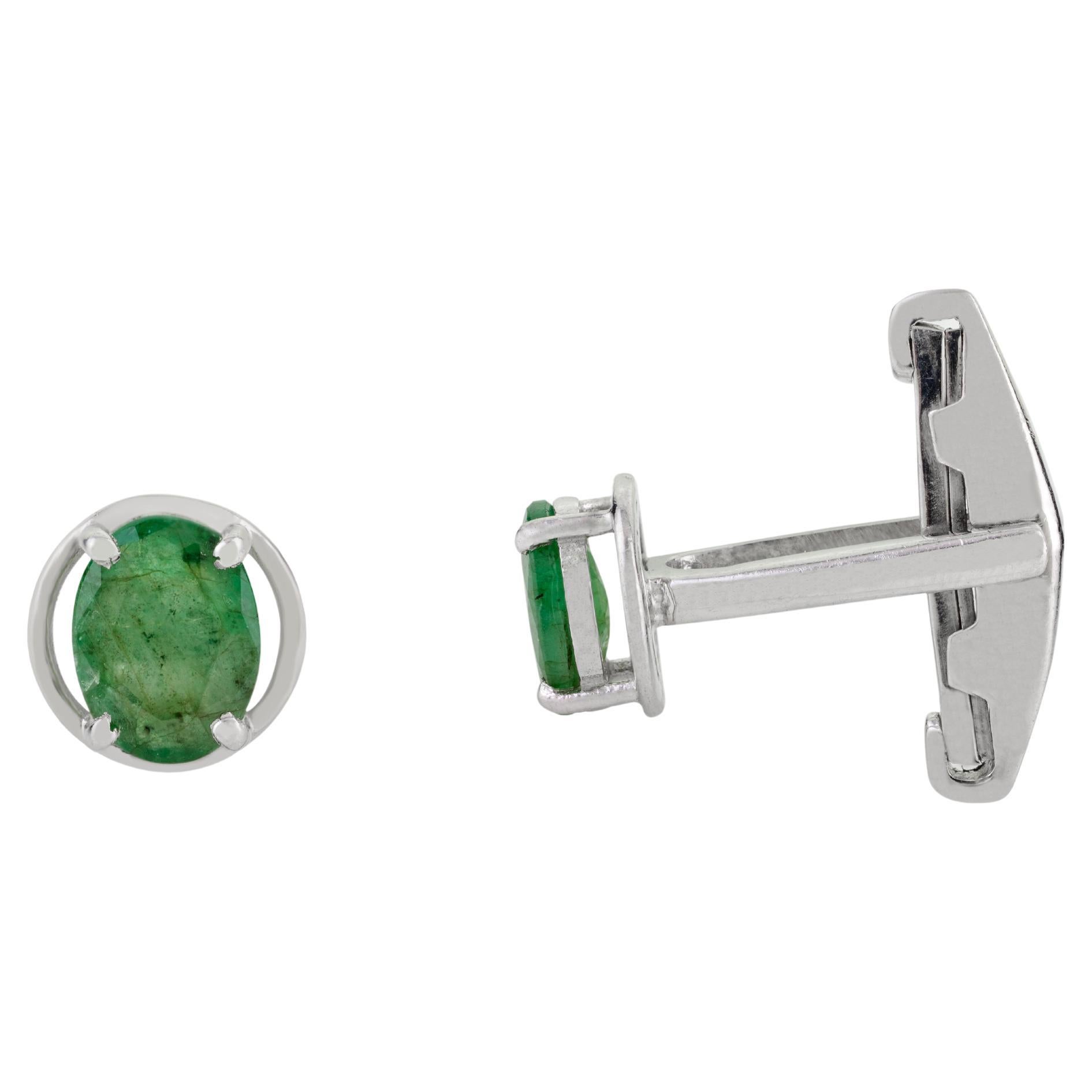 Boutons de manchette pour hommes en argent 925 SIlvorra 2.1 Ct Oval Cut Natural Emerald
