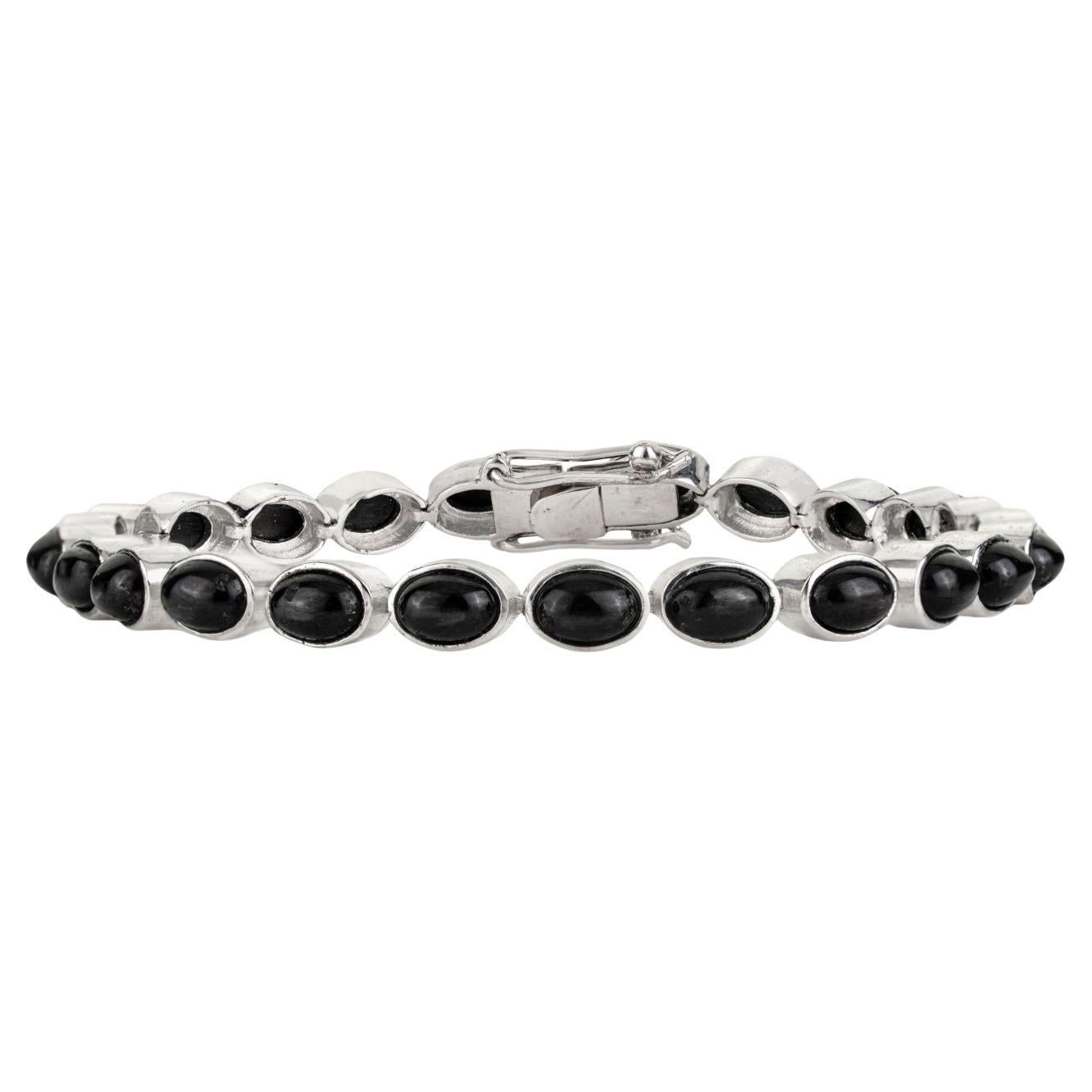 Silvorra 21.71 Carat Natural Black Star Cabochon Line Bracelet in Solid Silver