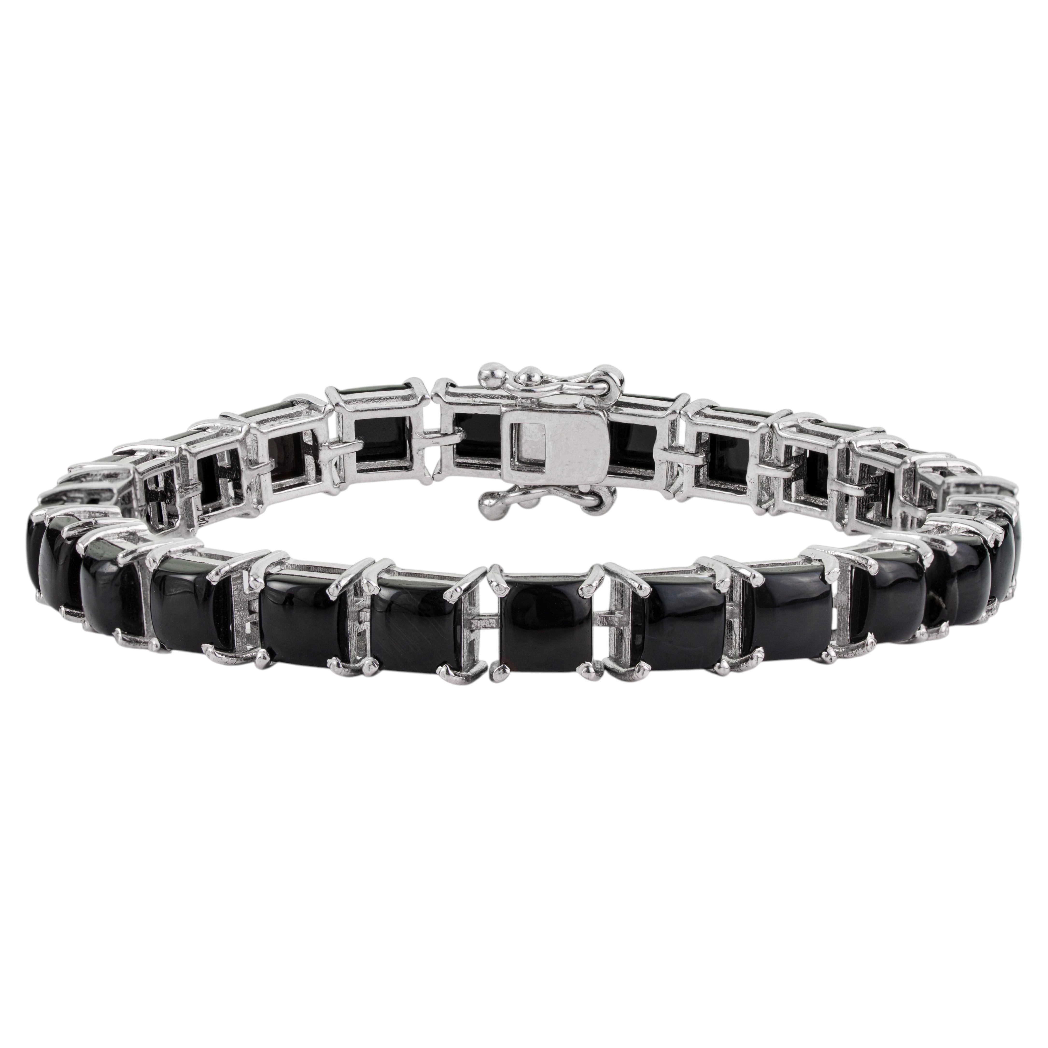 Silvorra 22.55 Carat Cushion Black Onyx Tennis Bracelet in 925 Sterling Silver For Sale