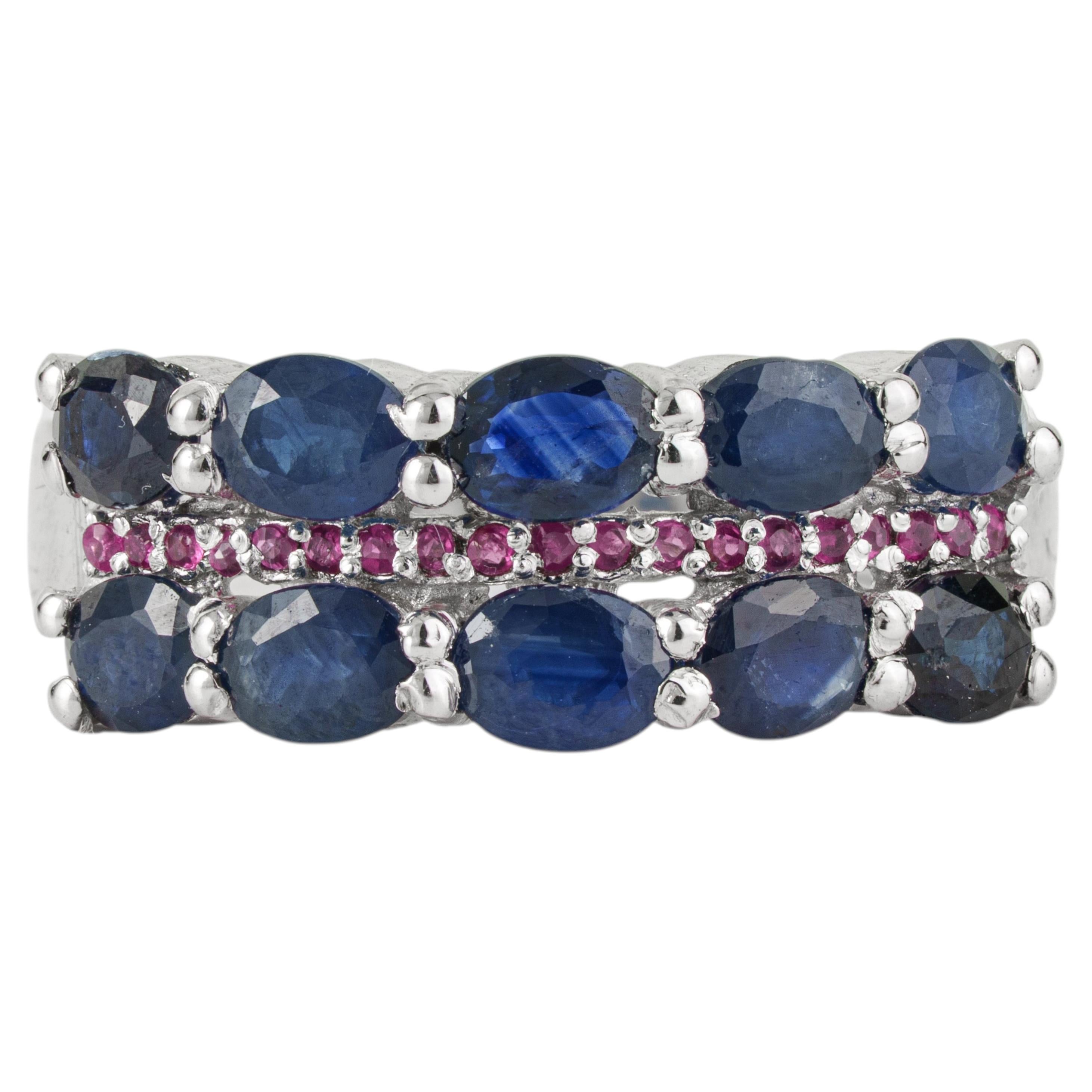 Silvorra 2.29 Carat Blue Sapphire and Ruby 925 Sterling Silver Multi Row Ring