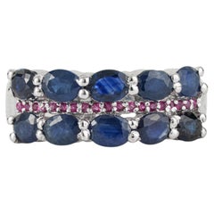 Silvorra 2.29 Carat Blue Sapphire and Ruby 925 Sterling Silver Multi Row Ring