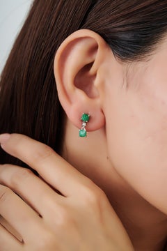 Silvorra 2.29 Cushion Cut Emerald & Diamond Vertical Drop Earrings in 925 Silver
