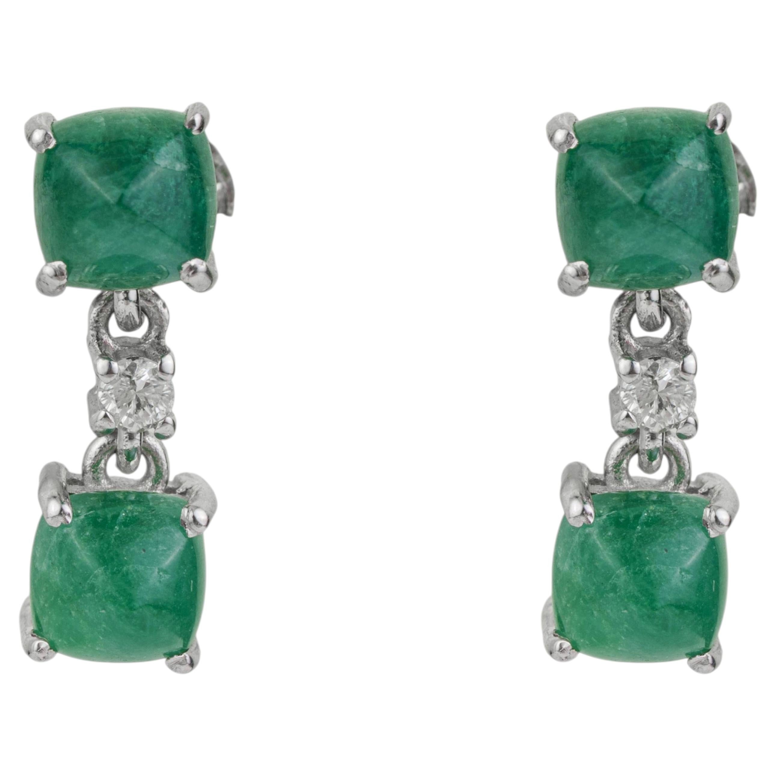 Silvorra 2.29 Cushion Cut Emerald & Diamond Vertical Drop Earrings in 925 Silver