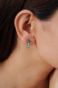 Silvorra 2.29ct Emerald & Diamond Two Stone Drop Earrings in 925 Sterling Silver
