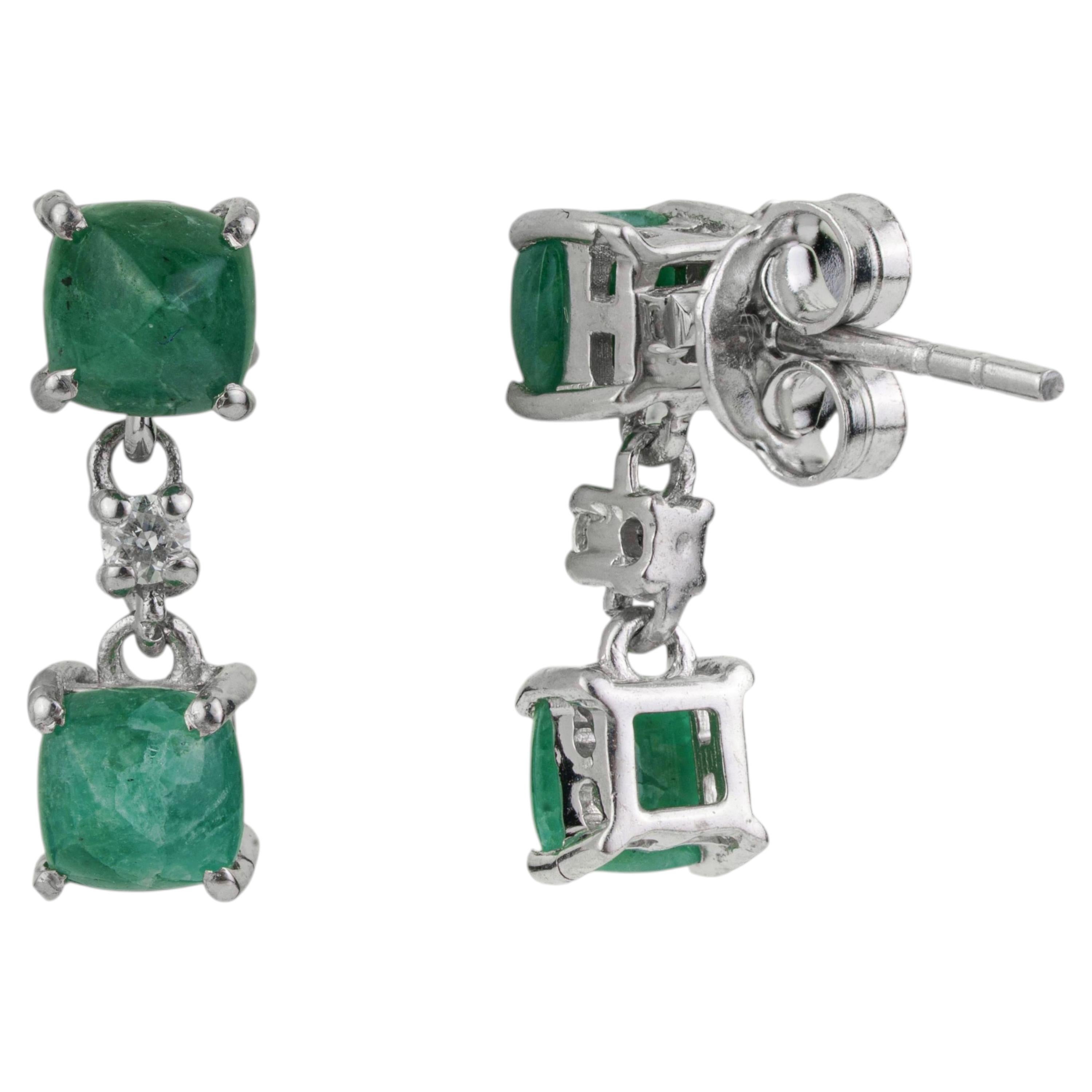 Silvorra 2.29ct Emerald & Diamond Two Stone Drop Earrings in 925 Sterling Silver For Sale