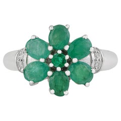 Silvorra 2.3 CTW Emerald and Diamond Flower Cocktail Ring in 925 Sterling Silver