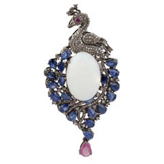 Silvorra 23.32ct Multi Gem Peacock Silver Brooch Pendant with Diamond Detailing