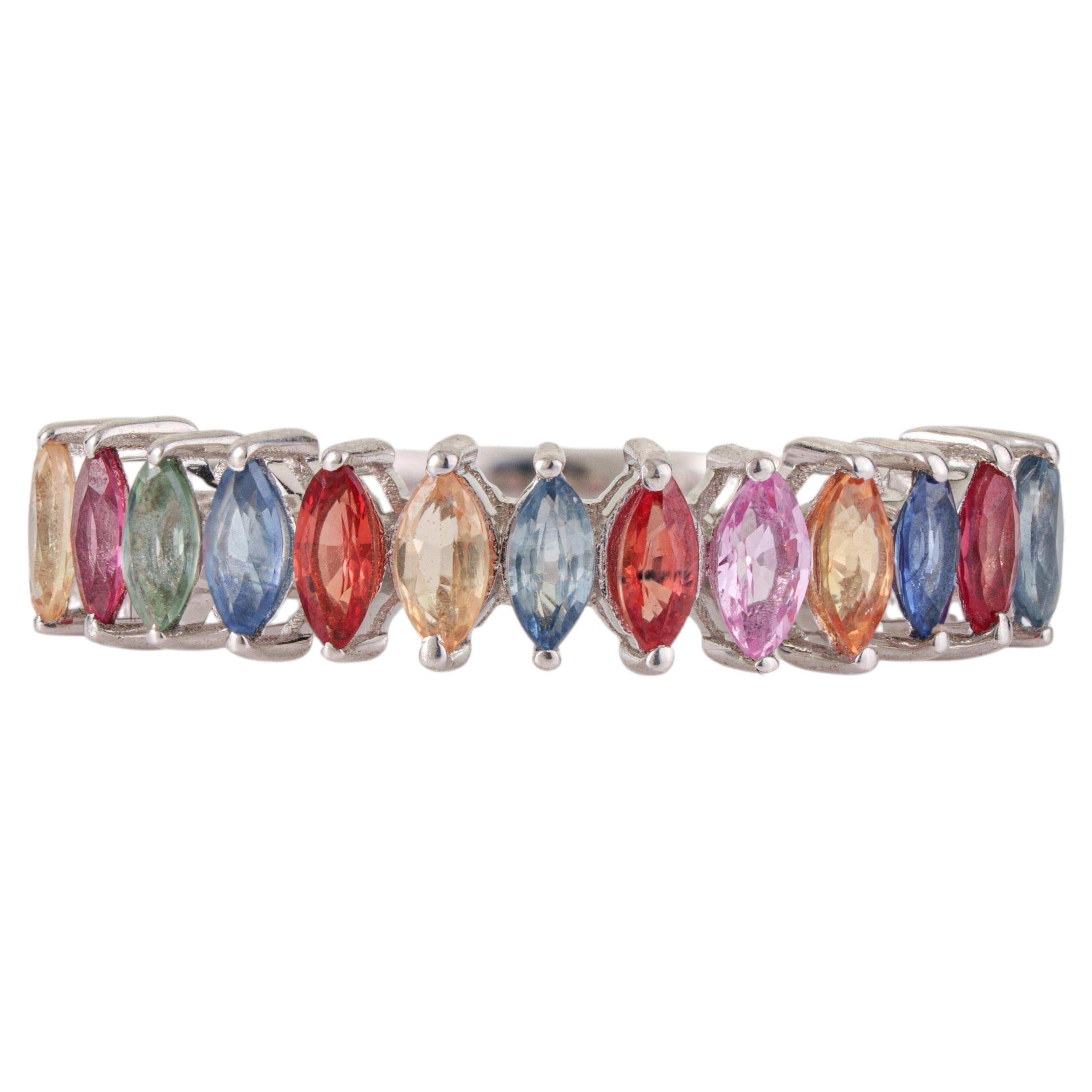 For Sale:  Silvorra 2.4ct Rainbow Marquise Multisapphire Curved Ring in 925 Sterling Silver