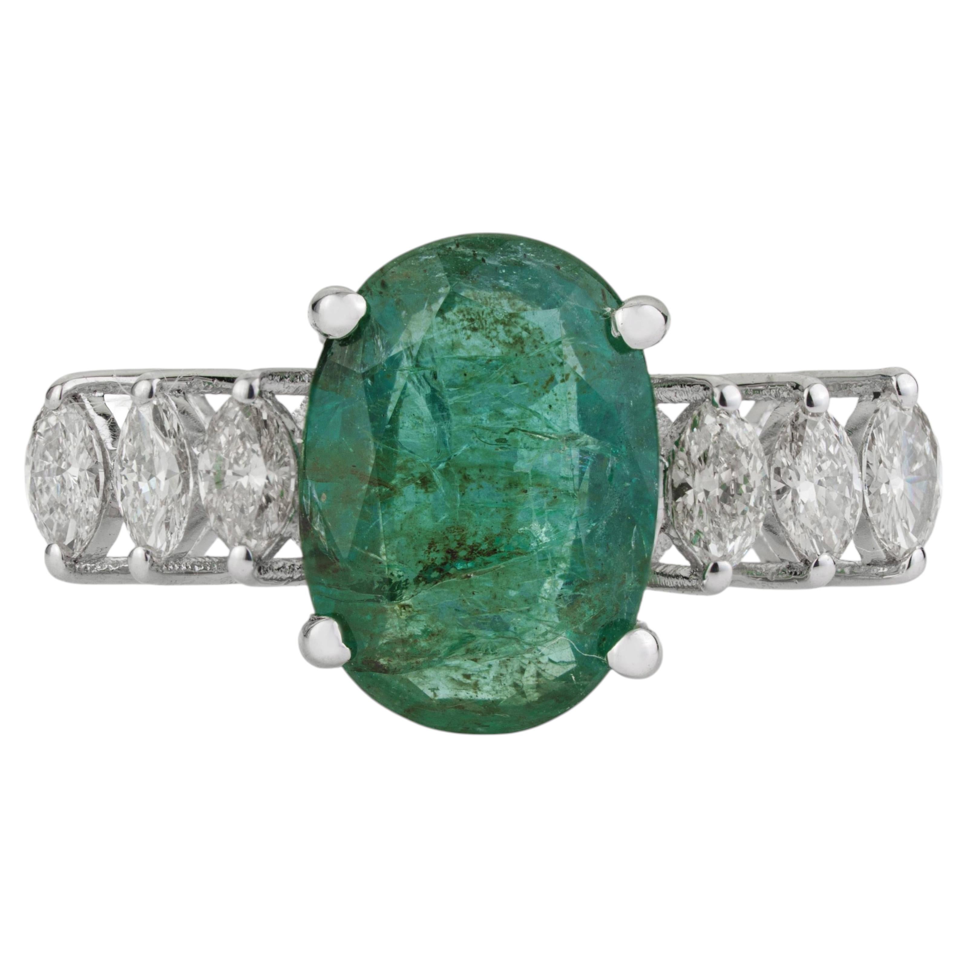 Silvorra 2.54 CTW Oval Emerald & Marquise Diamond Statement Ring in 925 Silver