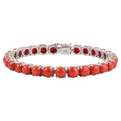 Silvorra 25.70ct Natural Coral Classic Tennis Bracelet in Solid Silver, 7 Inches