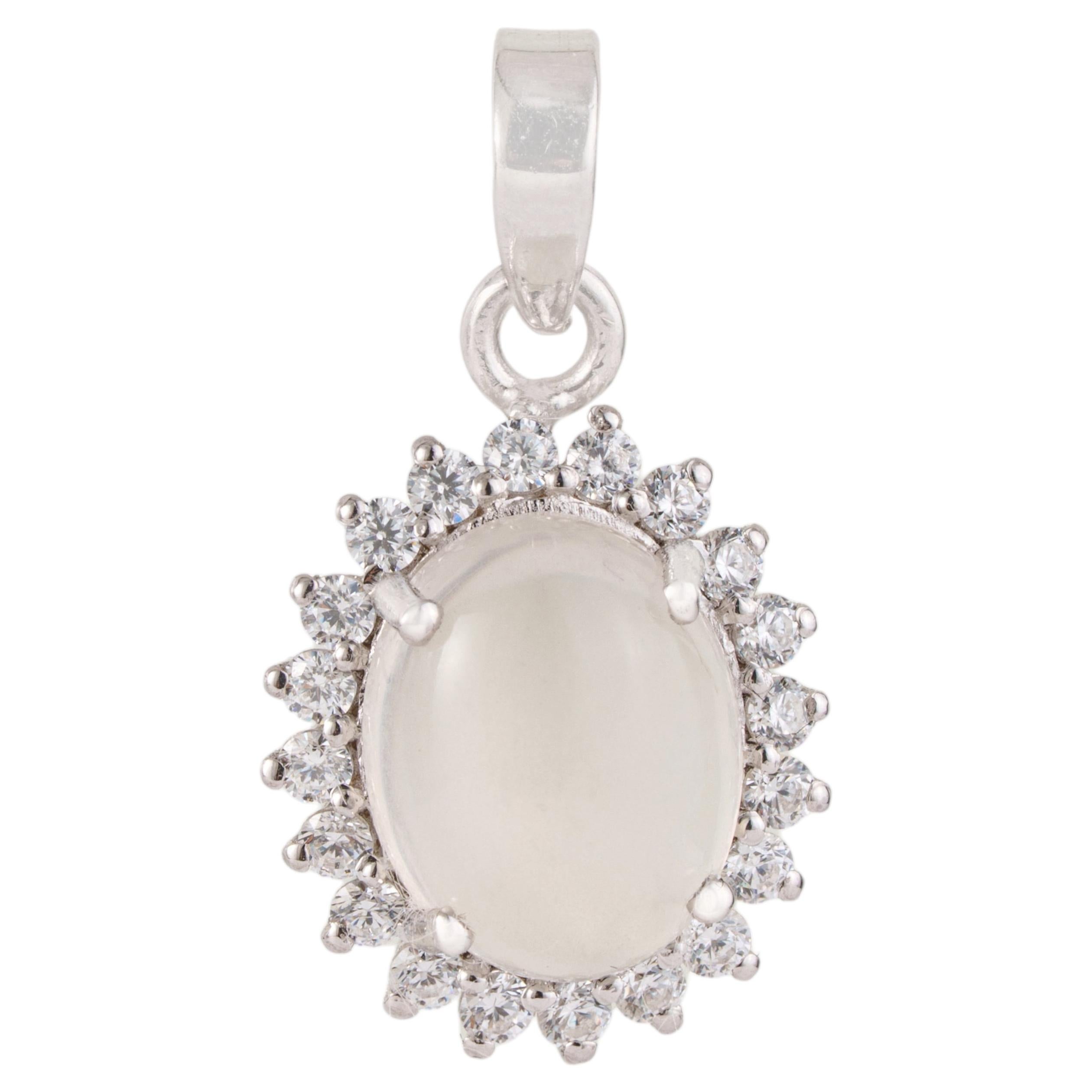Silvorra 2.68ct Oval Cabochon Moonstone & Cubic Zirconia Halo Pendant in Silver