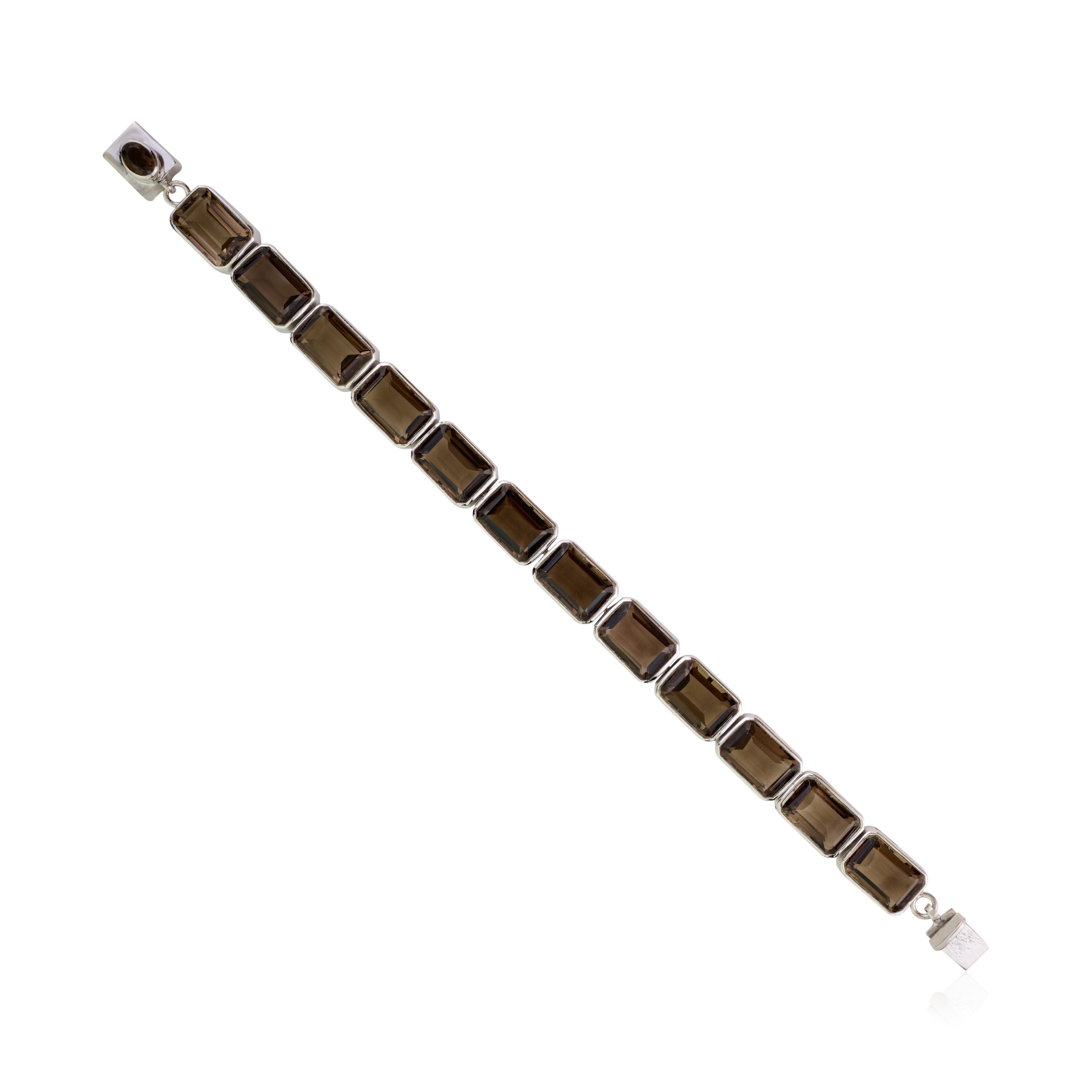 Modern Silvorra 30.32 Ct Smoky Quartz Octagon Cut Tennis Bracelet in 925 Solid Silver For Sale