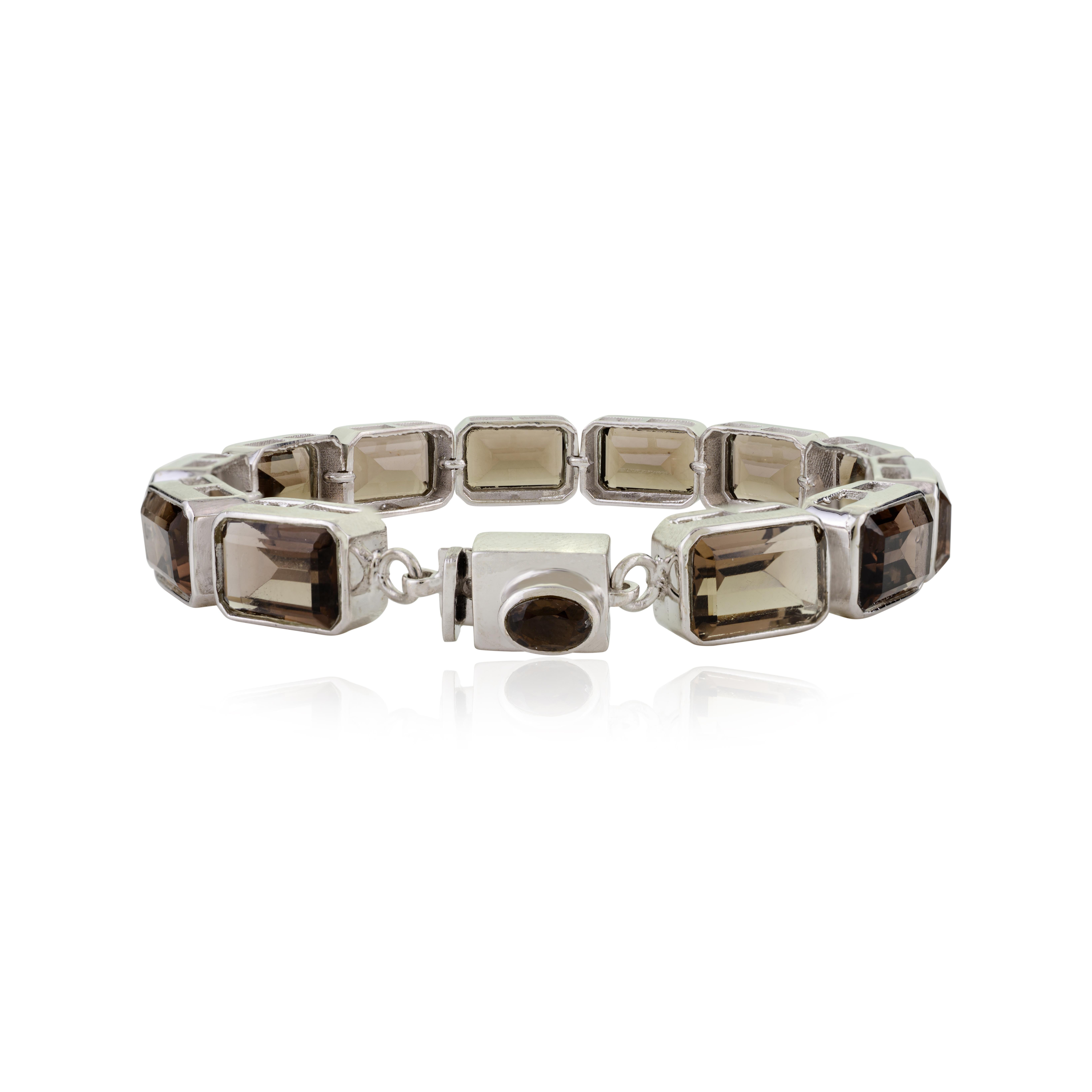 Women's Silvorra 30.32 Ct Smoky Quartz Octagon Cut Tennis Bracelet in 925 Solid Silver For Sale