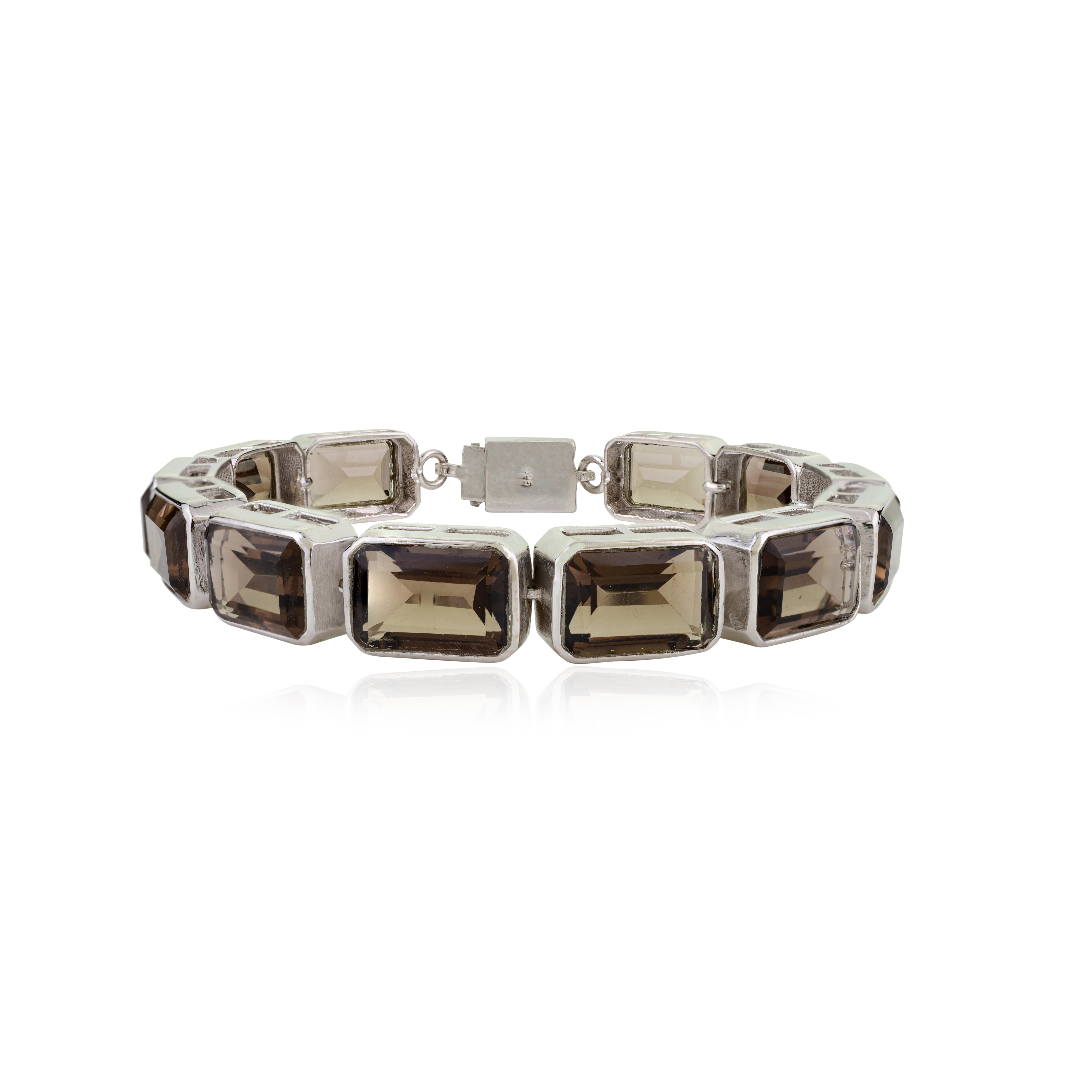 Silvorra 30.32 Ct Smoky Quartz Octagon Cut Tennis Bracelet in 925 Solid Silver For Sale 2