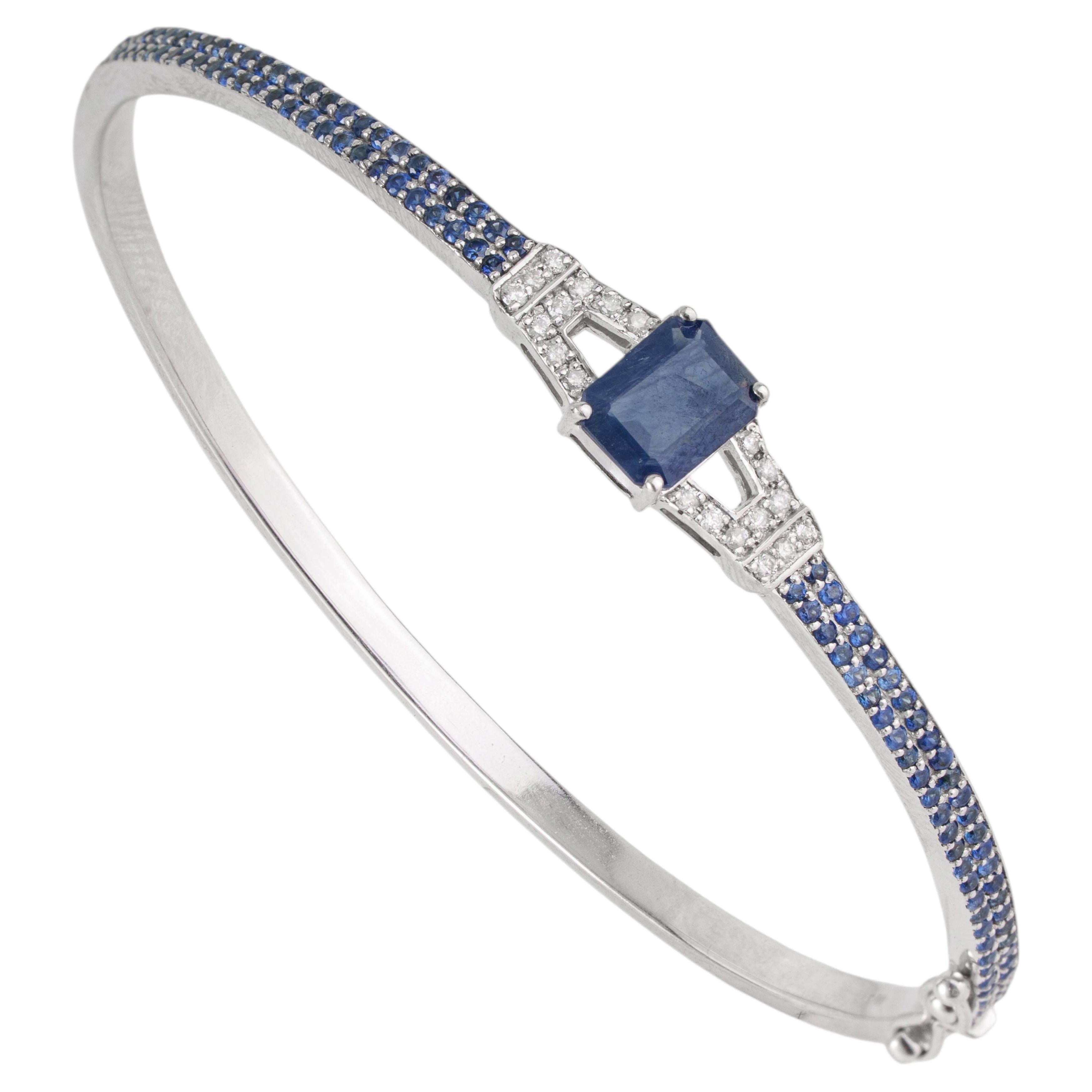 Silvorra 3.12 CT Natural Blue Sapphire and Diamond Bangle Bracelet in 925 Silver
