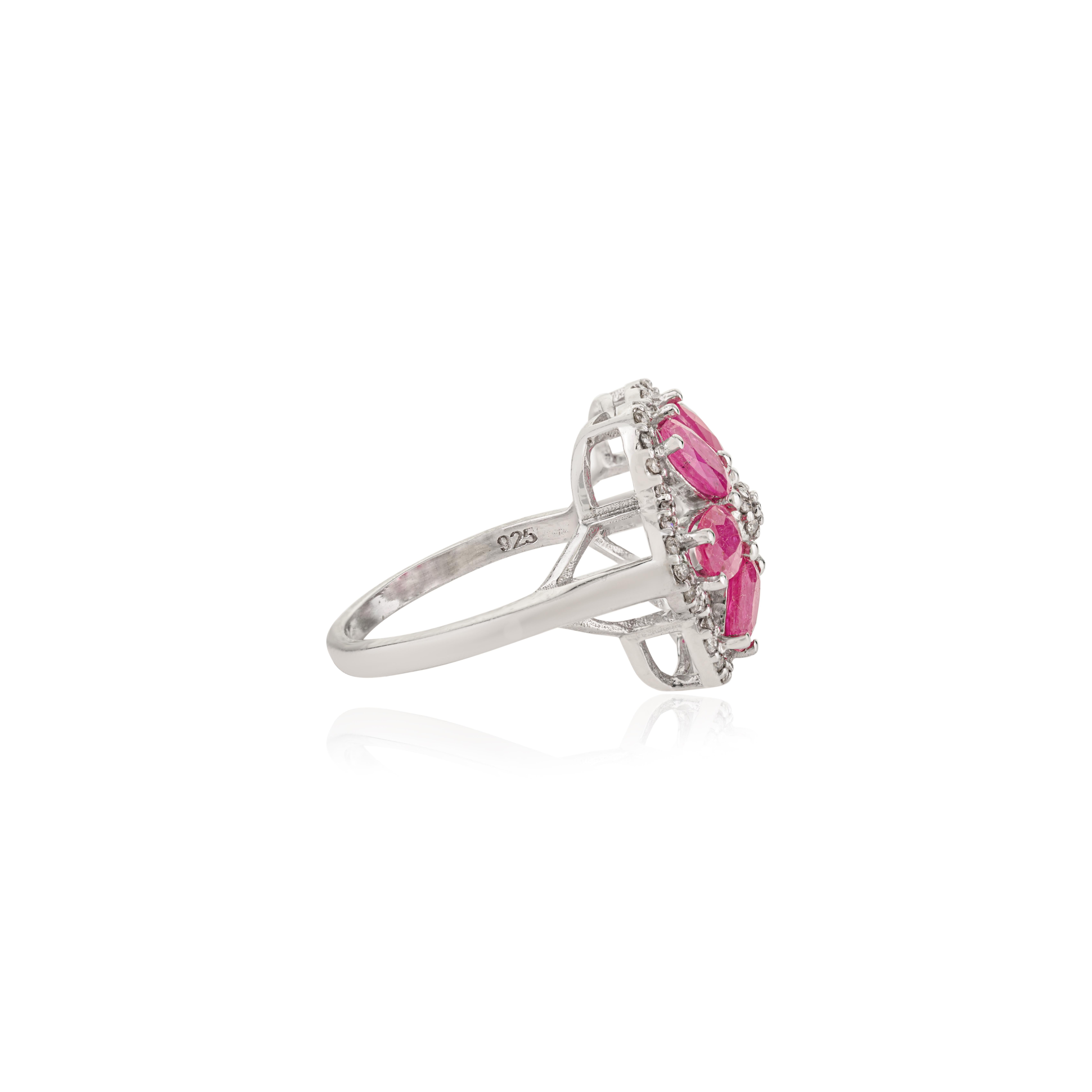 Im Angebot: Silvorra 3,2 Karat natürlicher Rubin und Diamant Blumenring aus 925 Sterling Silber () 7