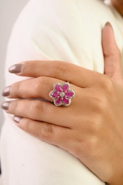 Silvorra Anillo Floral de Rubí Natural y Diamantes de 3,2 Quilates en Plata de Ley 925
