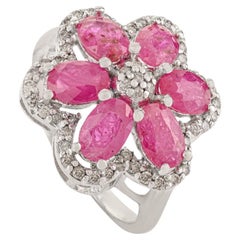 Silvorra 3.2 Carat Natural Ruby and Diamond Floral Ring in 925 Sterling Silver