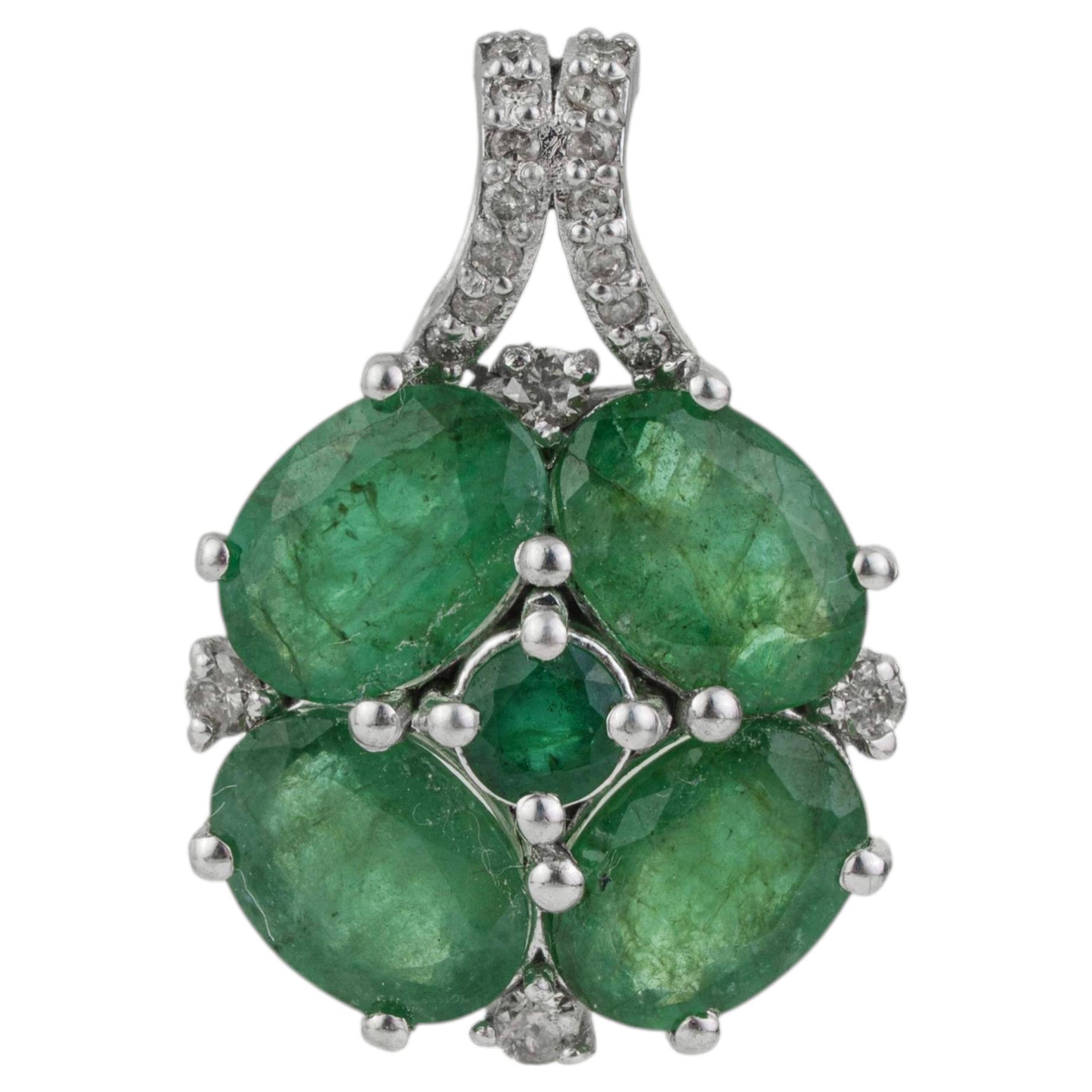 Silvorra 3.21 Carat Emerald Floral Pendant with Diamond Pavé Bail in 925 Silver