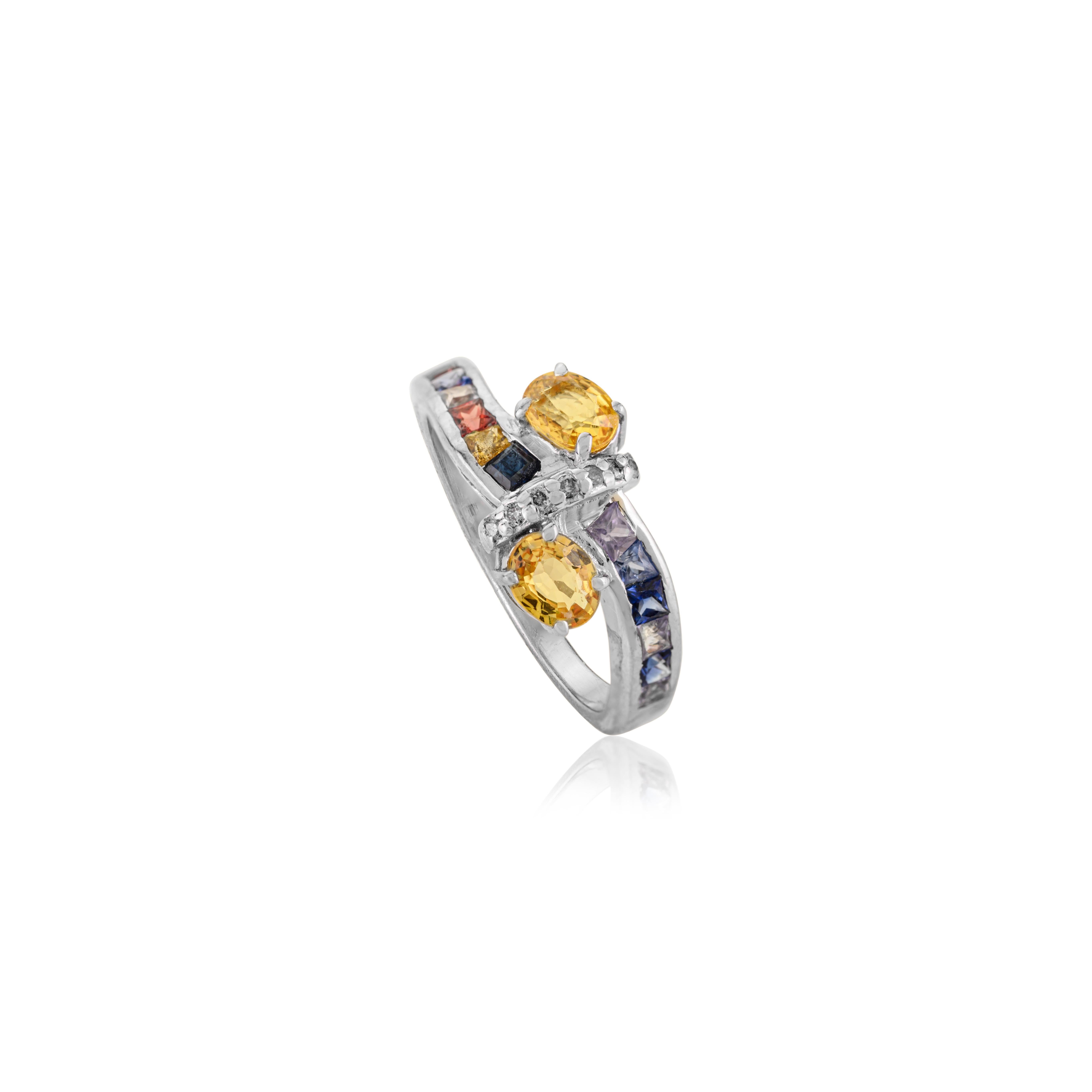 Im Angebot: Silvorra 3,25 Karat Natürlicher Multi Saphir & Diamant Bypass Ring in 925 Silber () 5